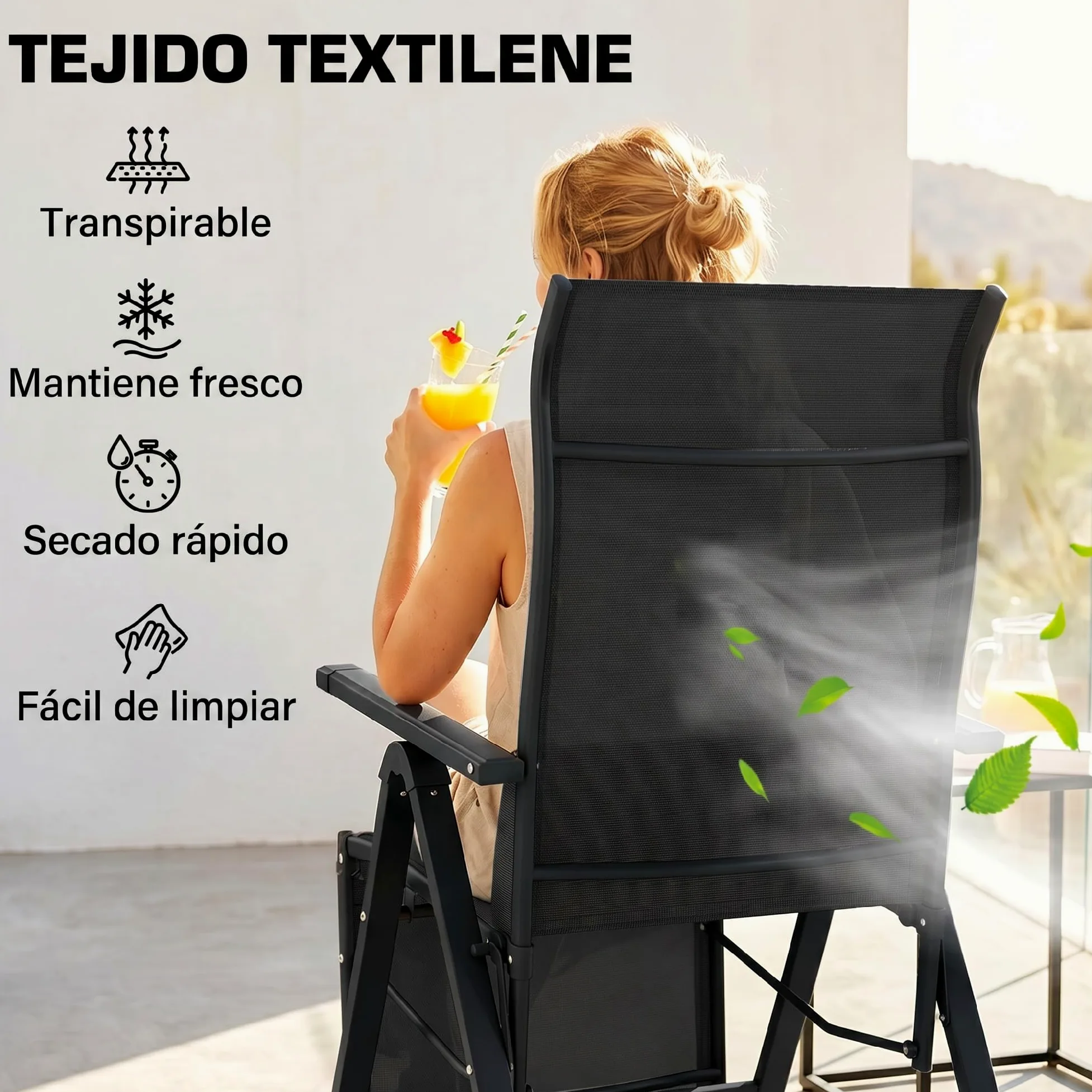 Outsunny Silla Reclinable Plegable de Jardín 9 Posiciones 150 kg Negro | Respaldo Ajustable, Cojín Lumbar, Estructura de Acero y Textilene Transpirable