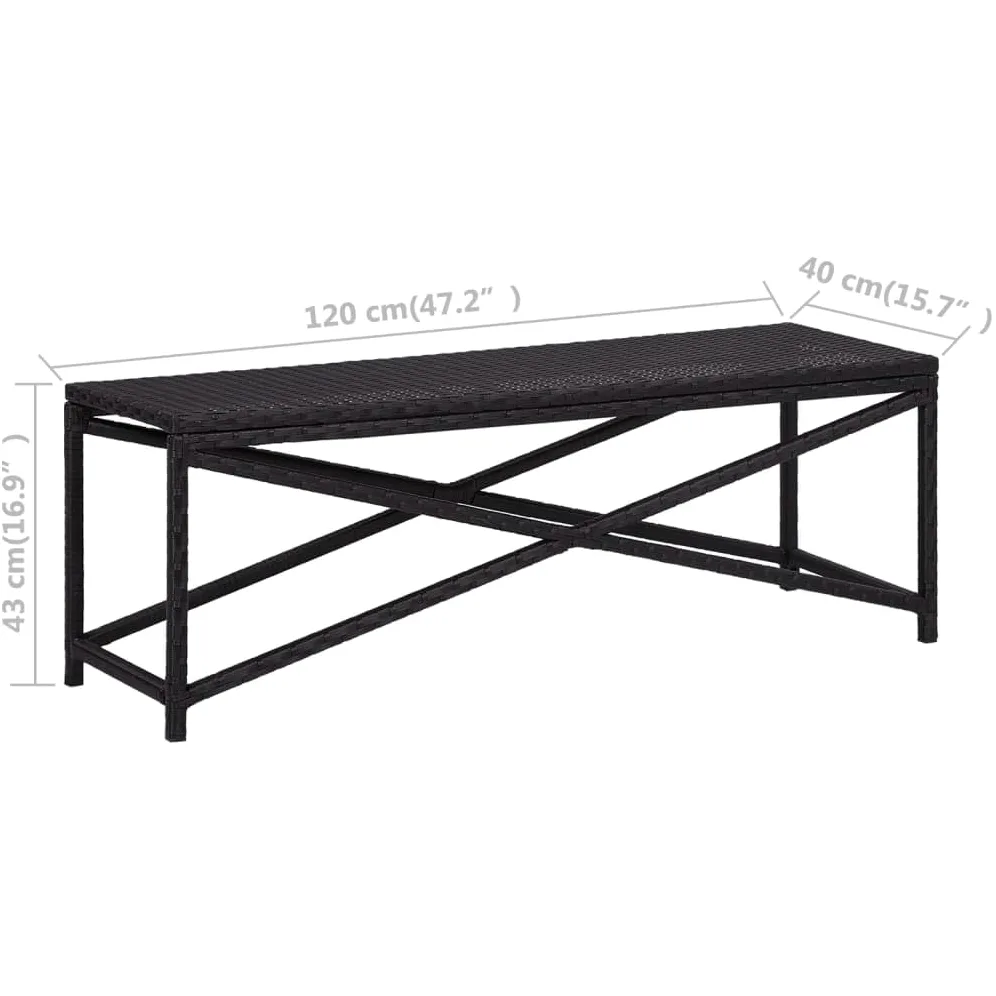 Banco de jardín de 120 cm de ratán sintético resistente a la intemperie en negro, ratán de polietileno impermeable, estructura de acero pulverizado, fácil de limpiar y estable para terraza