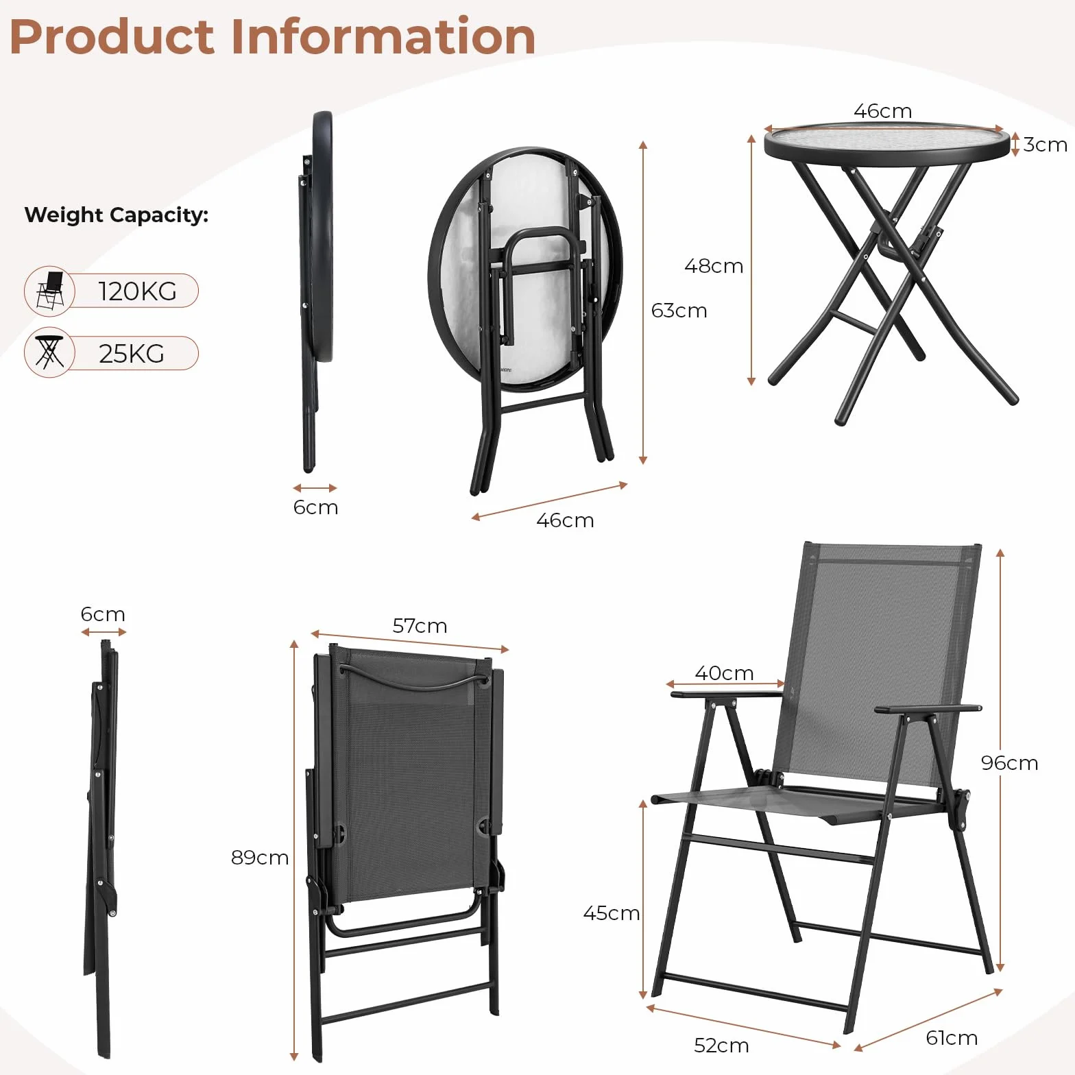 LIFERUN Set de Balcón 3 Piezas Metal, Bistró Plegable con 2 Sillas y Mesa de Vidrio, Muebles de Jardín Exterior Negro