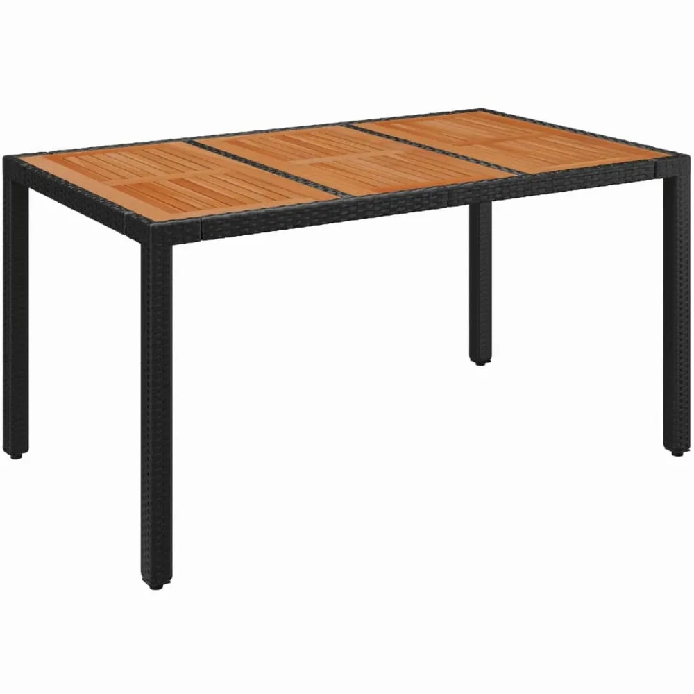 Mesa de jardín de ratán sintético negro 150 x 90 x 75 cm con tablero de madera de acacia maciza, mesa de jardín resistente al agua para terraza y jardín, marco de acero pulverizado