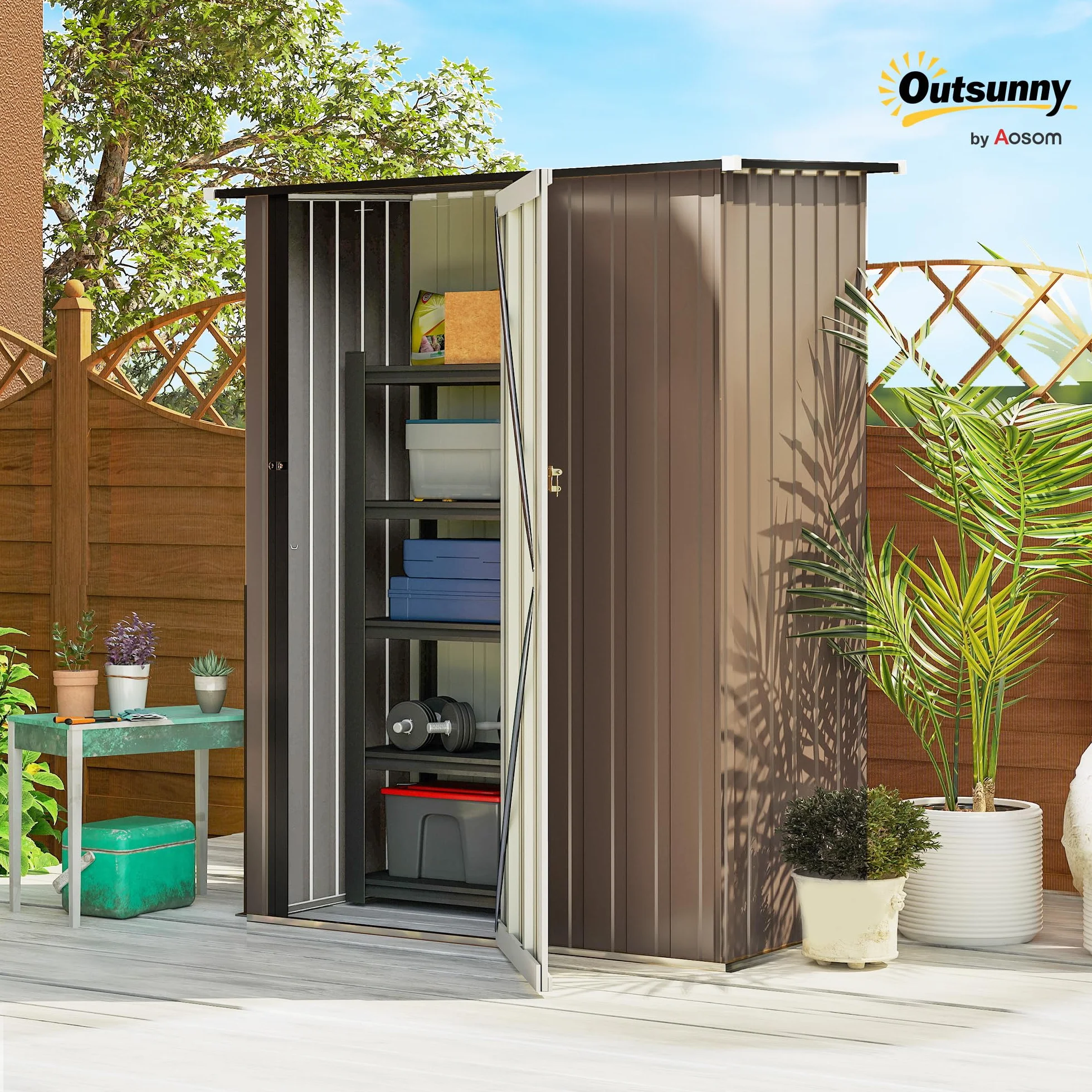 Outsunny Caseta de Jardín 1,07 m² 142x84x189 cm Cobertizo Exterior Metálico con Cerradura Marrón