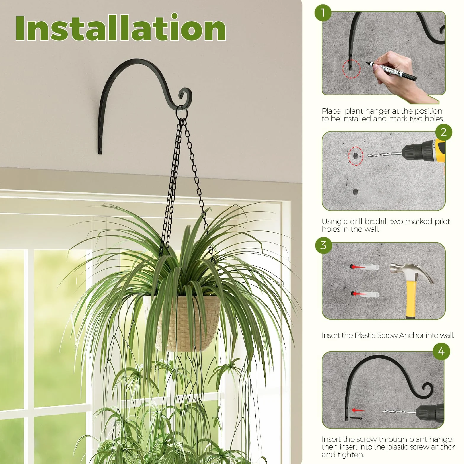 Bamworld Soportes para Plantas Colgantes 2 Unidades, 20 cm, Ganchos Techo, Negro