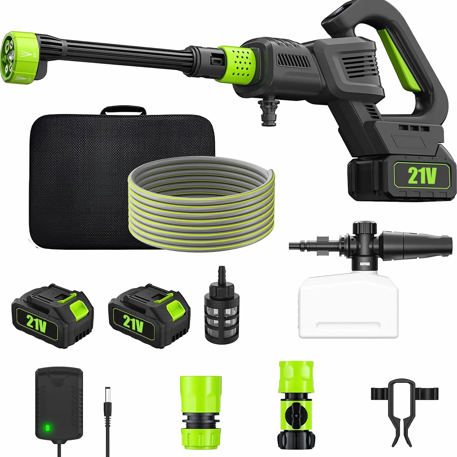 Limpiador de alta presión inalámbrico, 980 PSI/120 bar, portátil con bomba de succión, 6 en 1 boquillas y detergente para coche, terraza, jardín (5 m manguera) (B-2 batería)