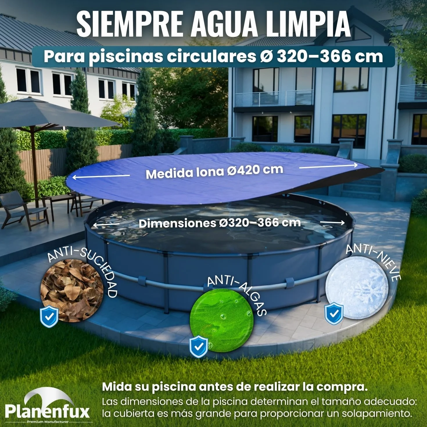 Planenfux® Cobertor de Invierno Redondo para Piscinas Ø 366 cm 2-en-1 PE 200g/m² UV-Resistente Lona Solar Invierno/Verano Ø420cm