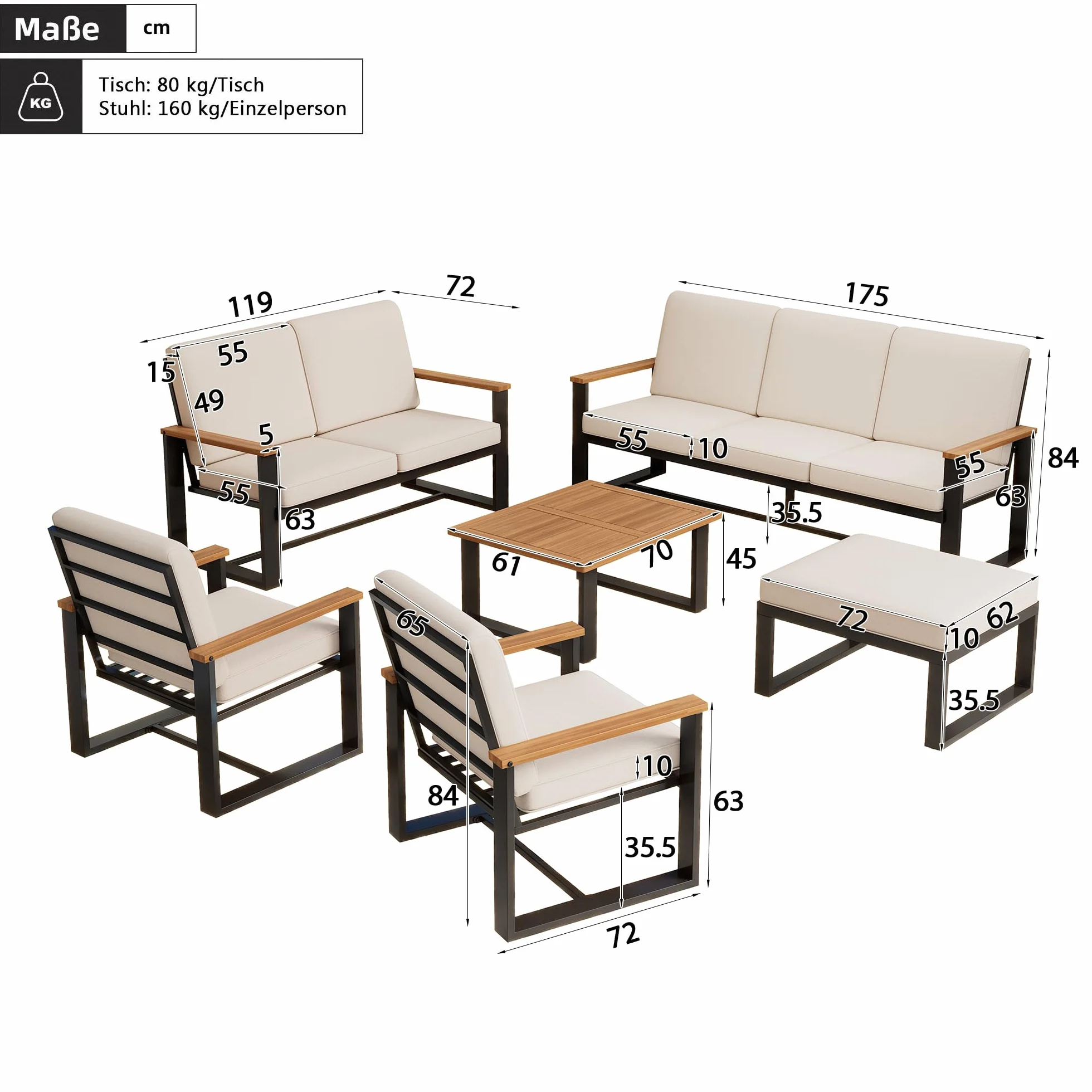 Soweiz Juego de muebles de jardín, 1 sofá de 3 plazas, 1 sofá de 2 plazas, 2 sofás de 1 plaza, mesa de centro y reposapiés, mesa de café y reposapiés, diseño sencillo, acero galvanizado, color beige