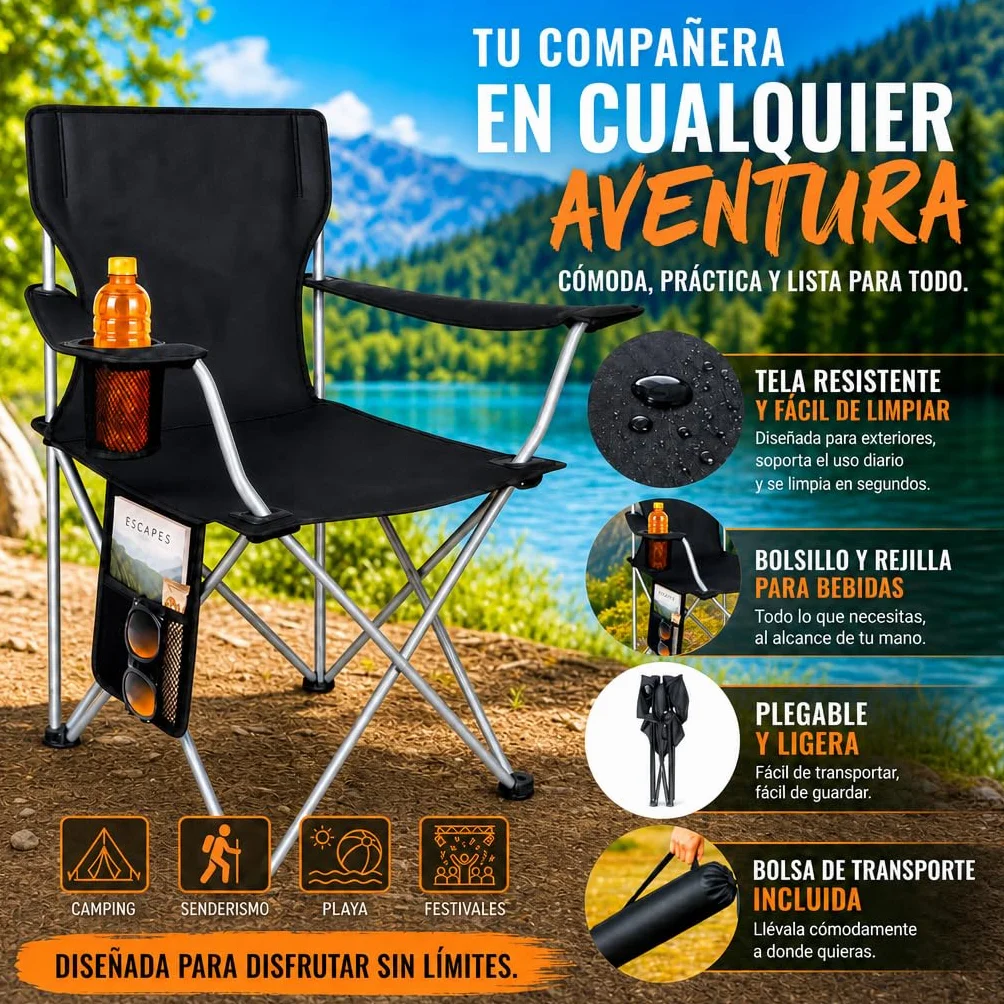 Silla Plegable Camping de Acero y Tejido Oxford Negro Azabache