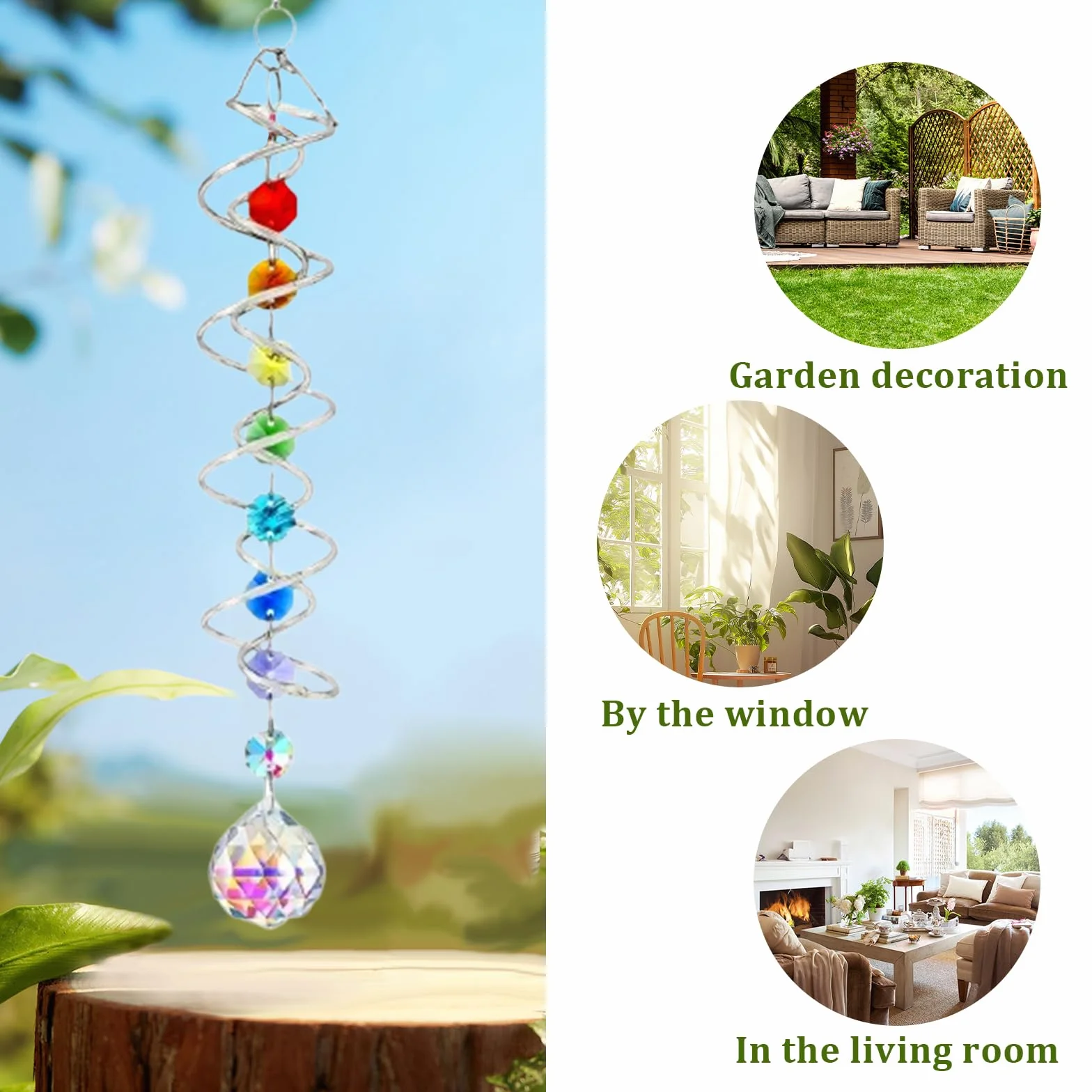 Atrapasol de Cristal 45 cm con Espiral Doble, Colgante Multicolor Carillón de Viento