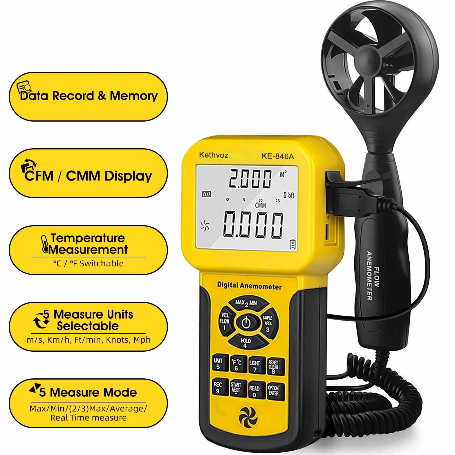 Kethvoz KE-846A Anemometro Digital Portatil Medidor Velocidad Viento con Termometro