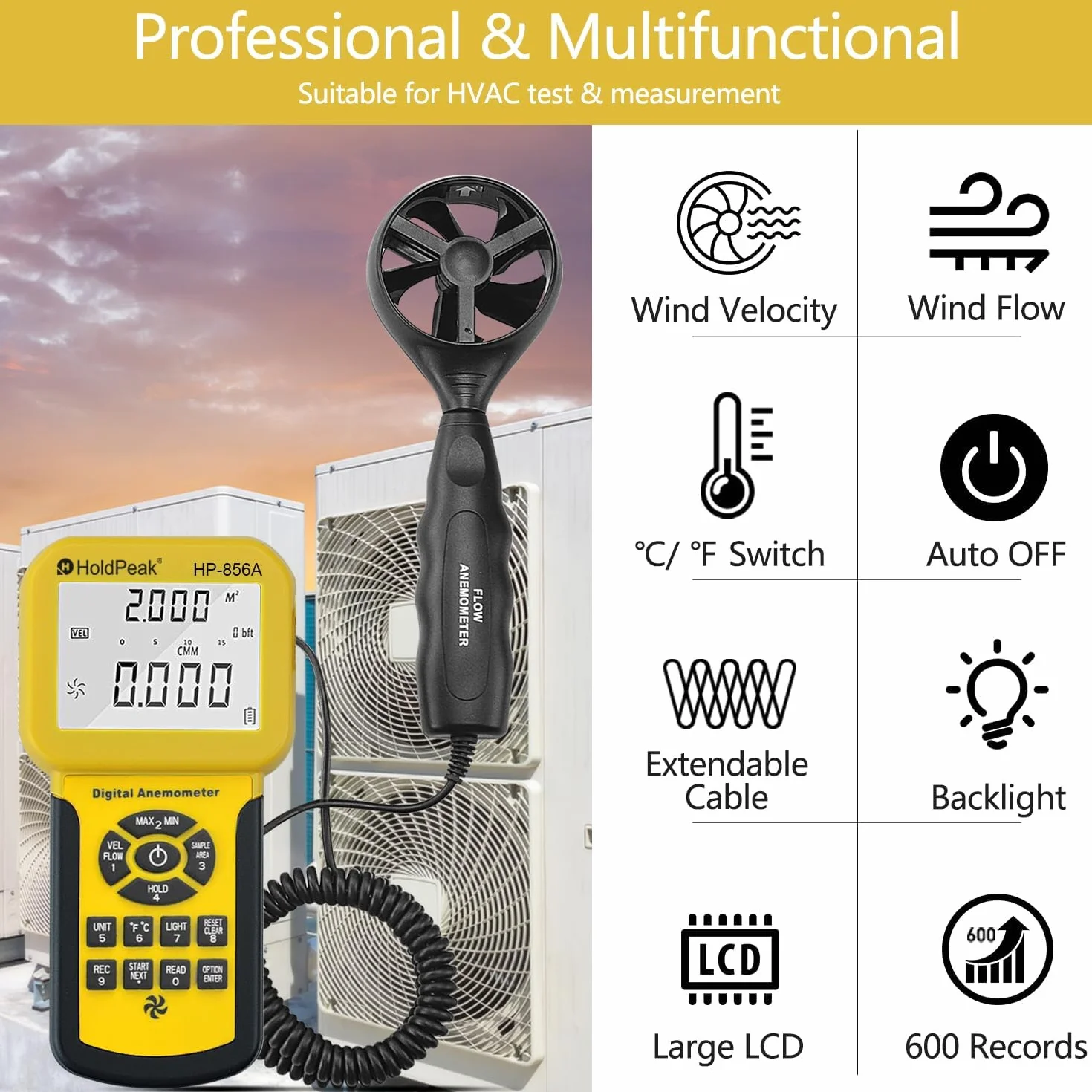 HoldPeak 856A Anemómetro Digital de Mano Medidor de Velocidad del Viento con Temperatura