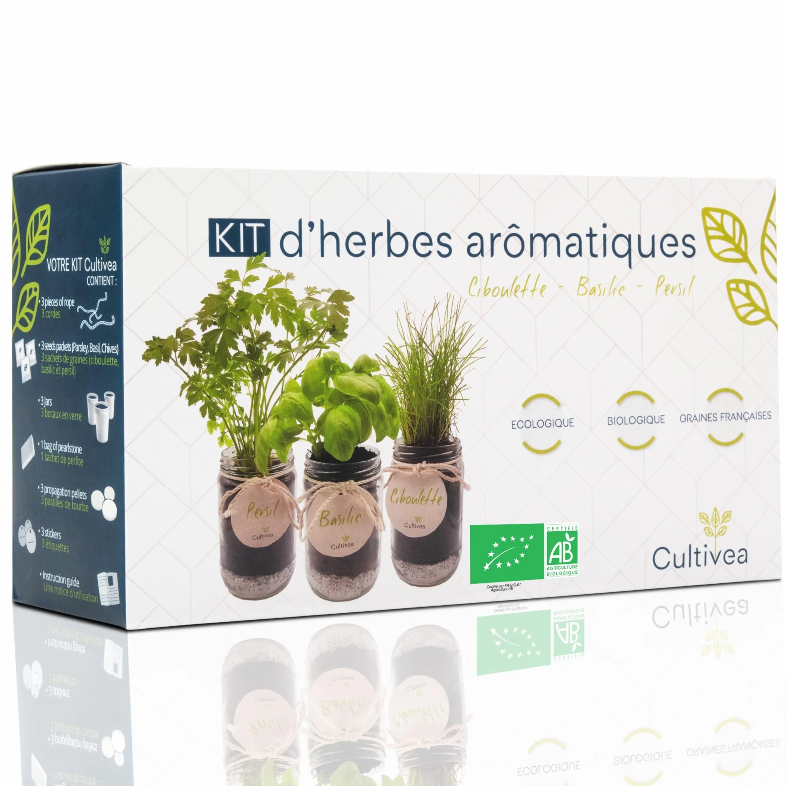 Cultivea® Kit cultivo hierbas aromáticas BIO Albahaca Perejil Cebollino Huerto urbano interior tarros cristal tierra