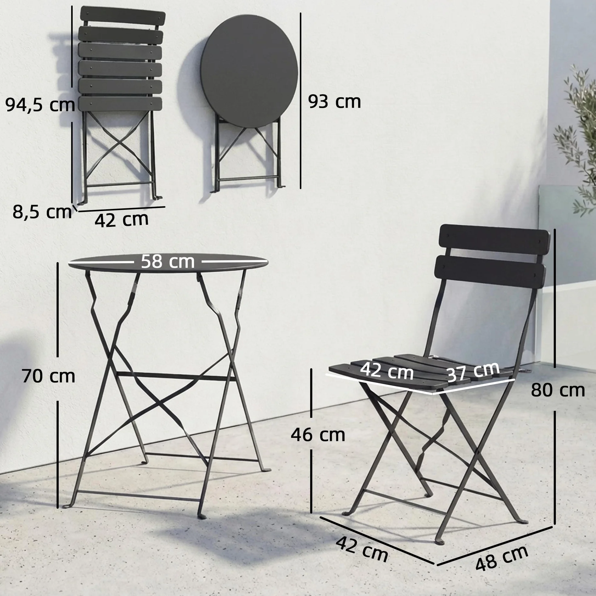 Outsunny Juego de bistró de jardín 3 piezas mesa 2 sillas plegables metal negro