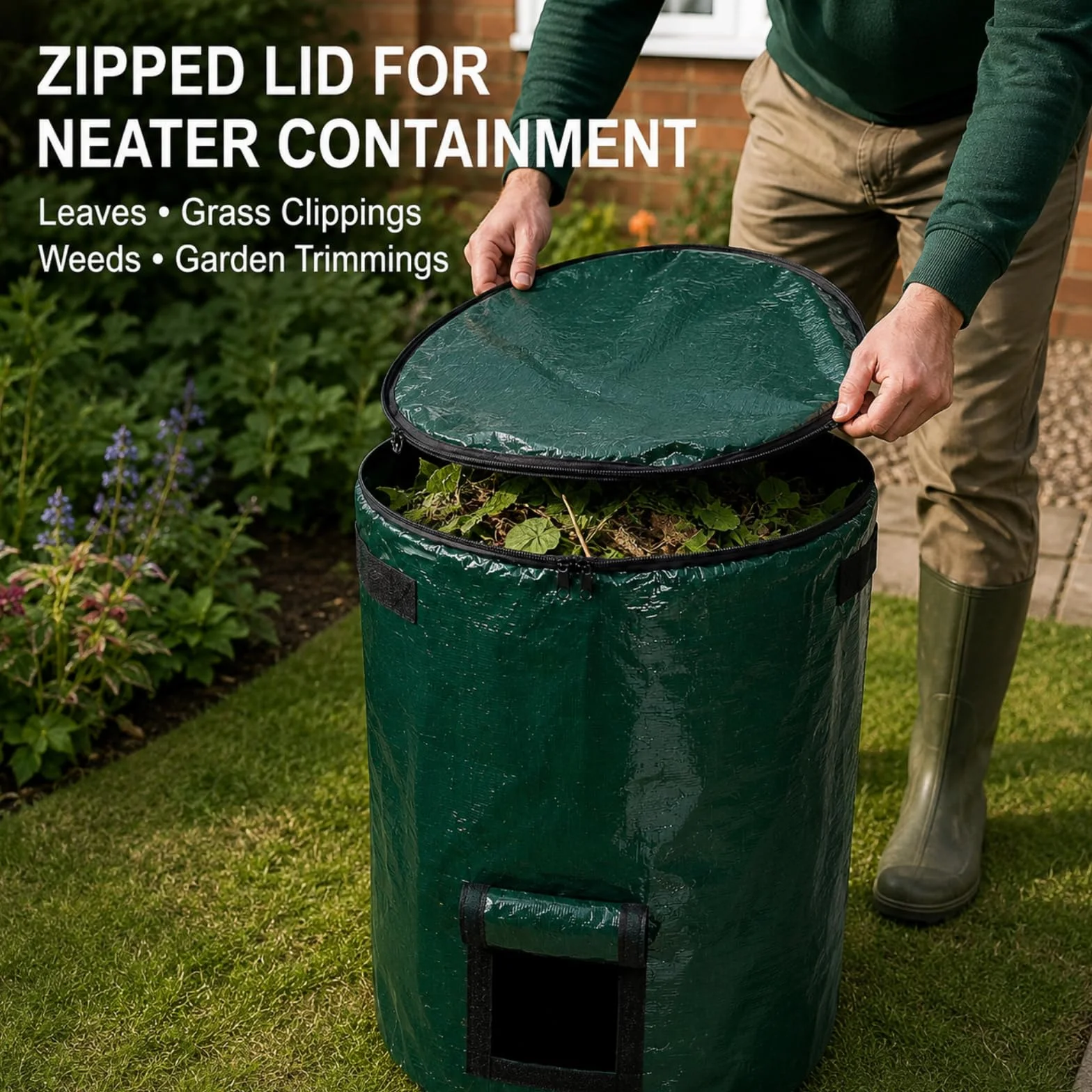 3 x 127 L Bolsas para Residuos de Jardín con Asas y Tapa | Stabile Gartensäcke und Laubsäcke, selbststehend und wiederverwendbar, mit verstärkten Griffen und Bodenöffnung