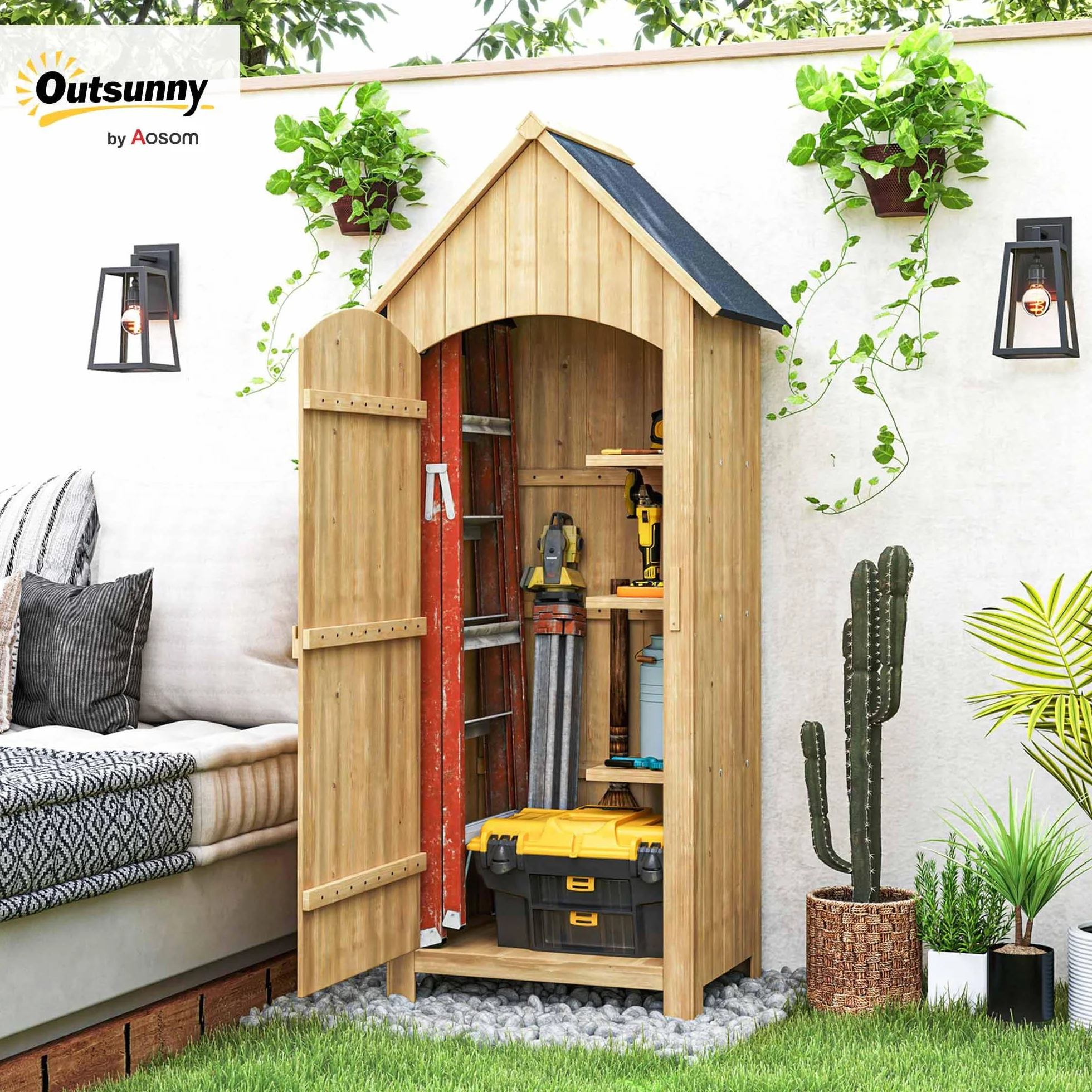 Outsunny Caseta Jardín Exterior Madera 77,5x54,2x179,5 cm 0,3 m² Cobertizo Almacenaje Herramientas 3 Estantes 2 Puertas Cerrojo