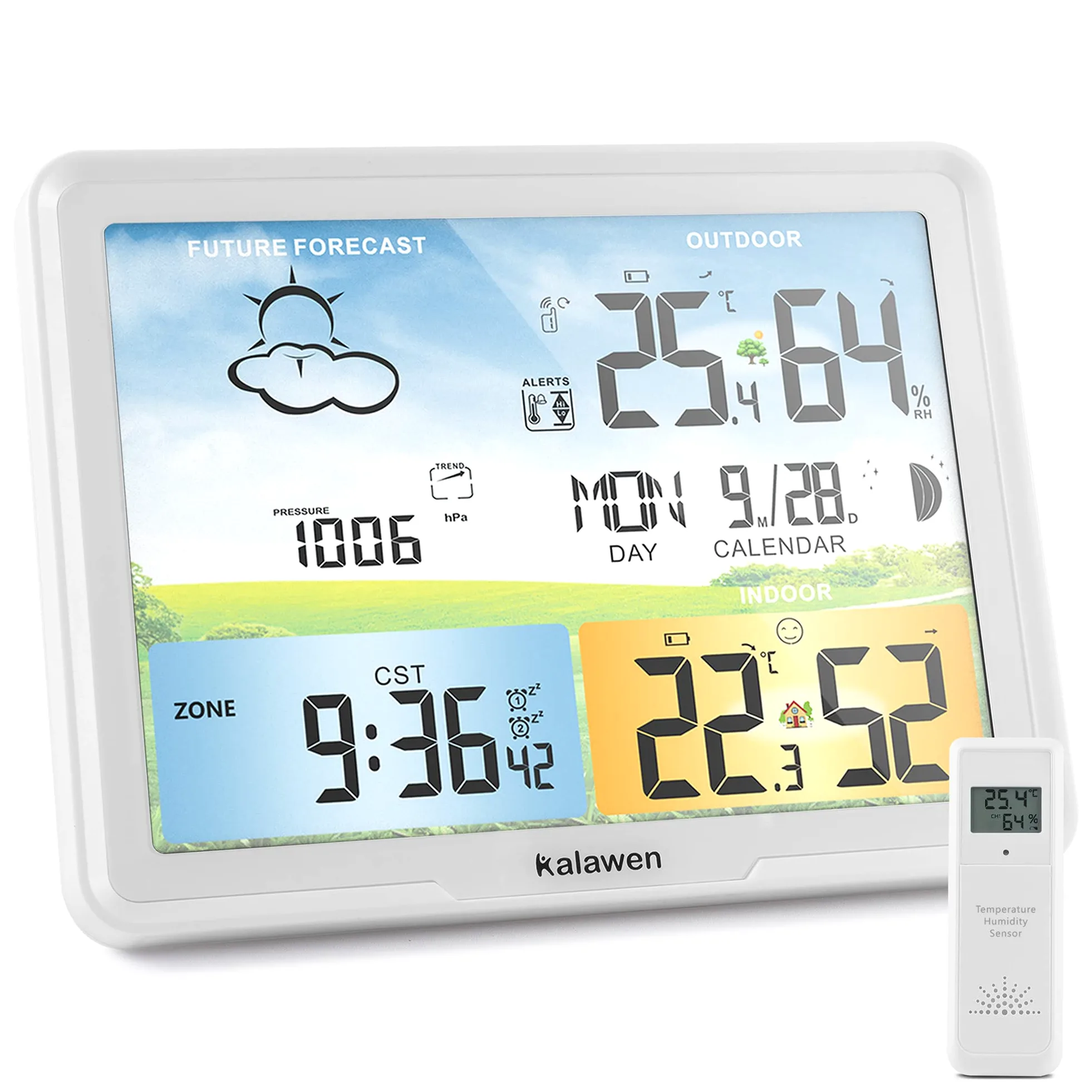 Estación Meteorológica Con Sensor Exterior, Pantalla Digital a Color, DCF Radio Reloj, Termómetro Higrómetro Interior y Exterior (Blanco)