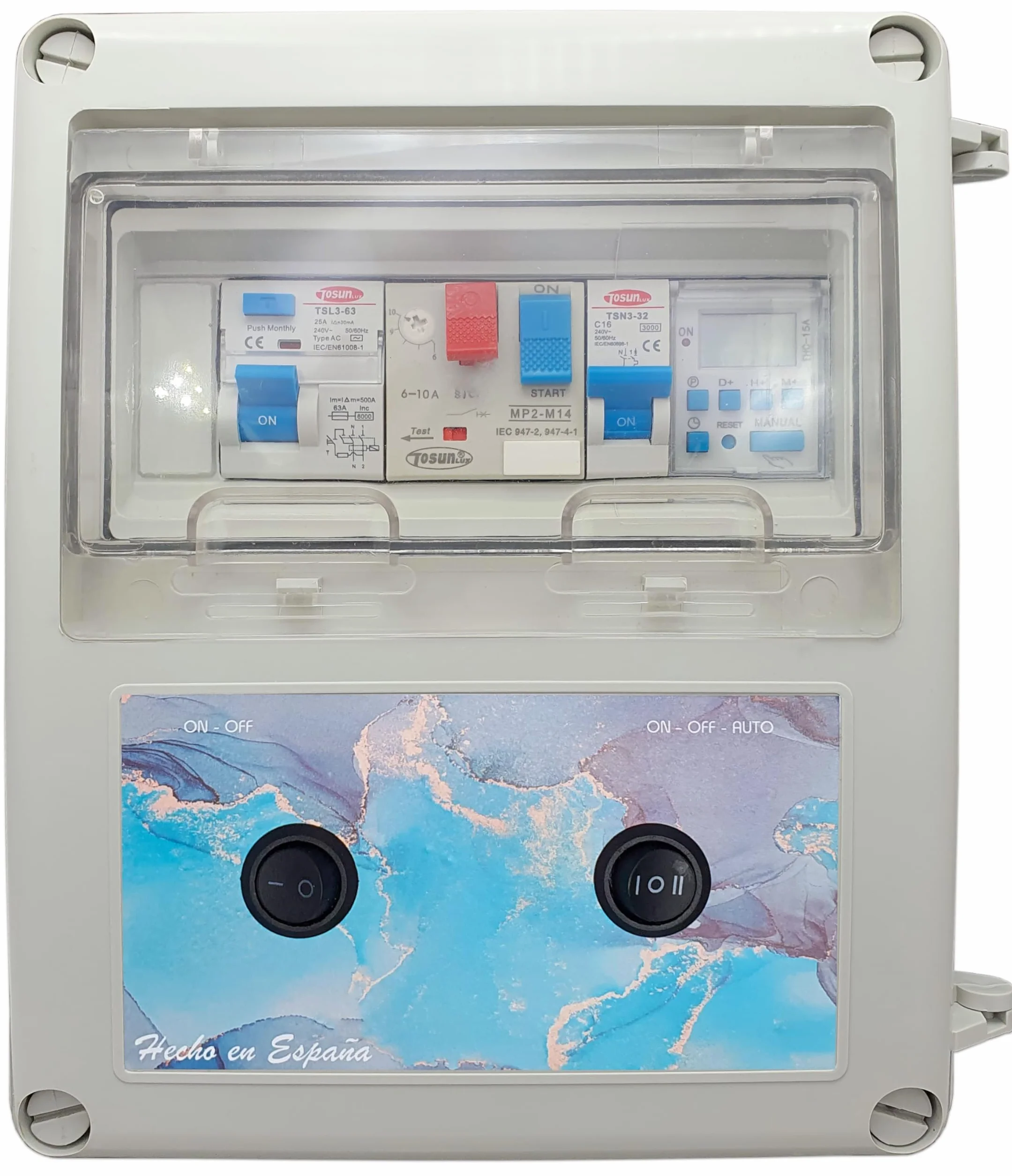 Cuadro Eléctrico Piscina Iluminación Motor Guardamotor Transformador Controlador On/Off 50W 12AC Bomba Agua 0,5CV 2,5-4A