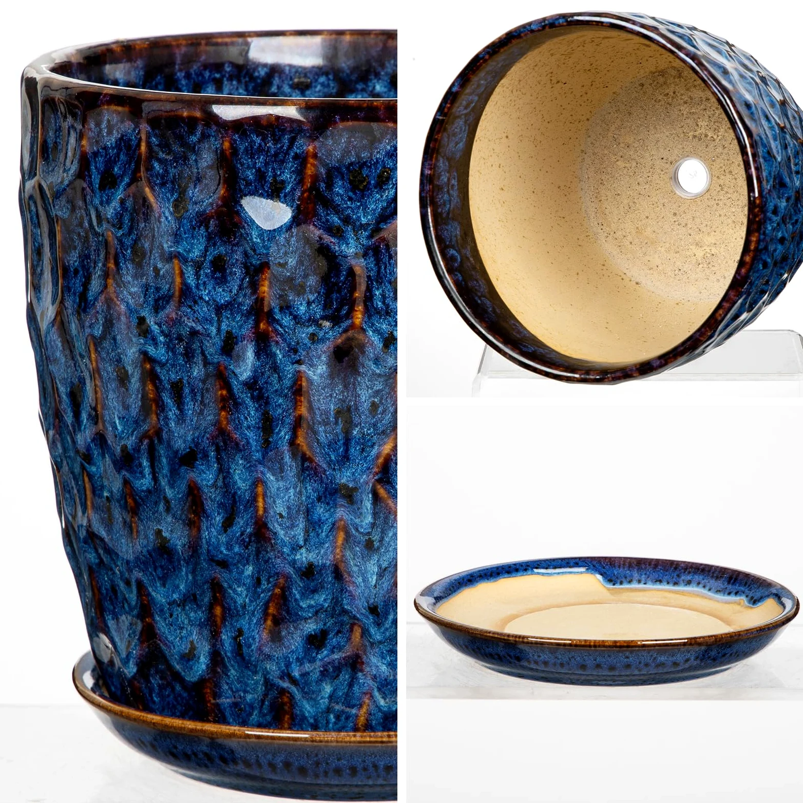 Juego de 2 macetas de cerámica esmaltada azul para interiores con drenaje y platillo, maceta decorativa de cerámica para plantas de interior, suculentas, cactus, macetas modernas de interior