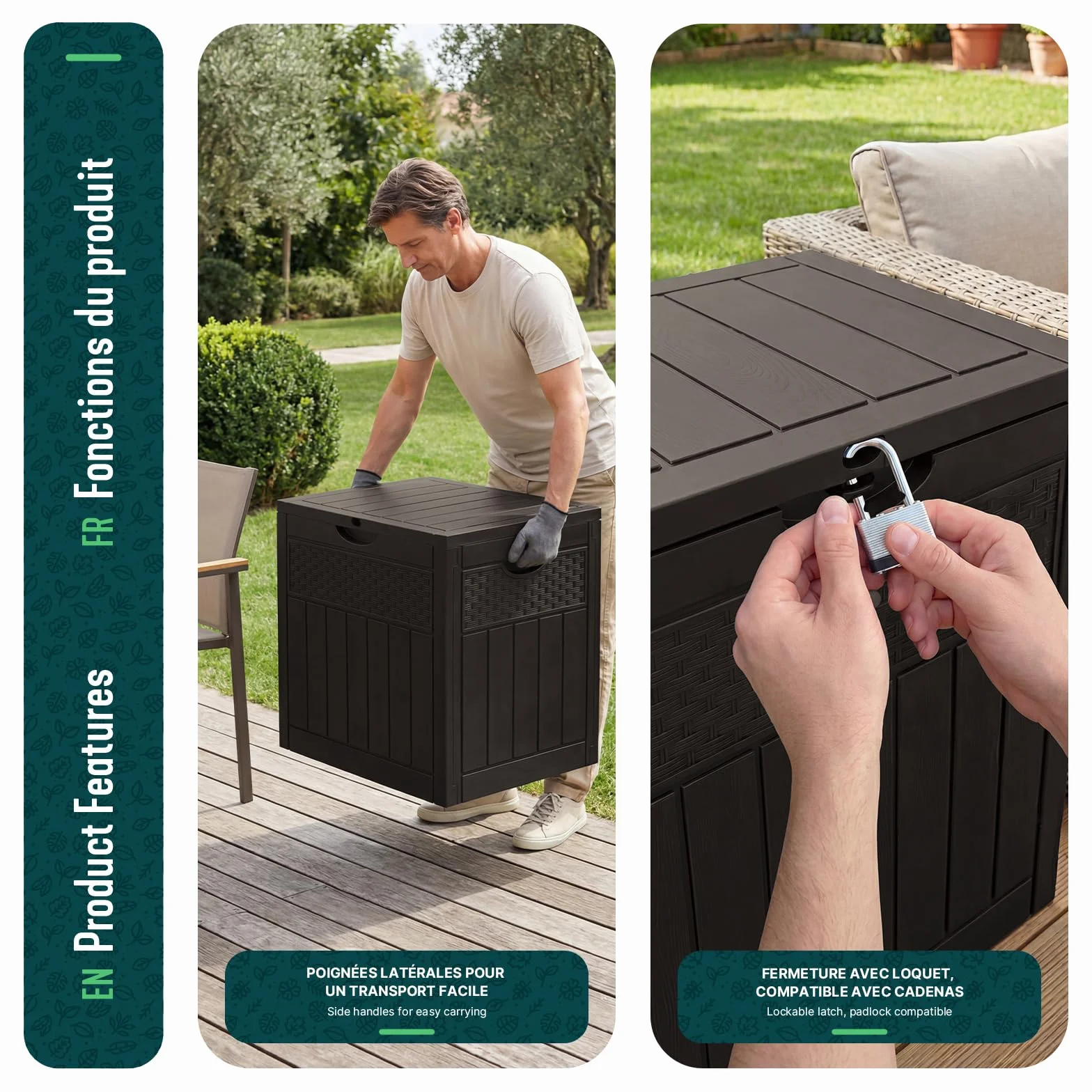 VOUNOT Arcón Exterior 126L PP Baúl Almacenaje con Tapa Bloqueable Impermeable 56x43x53 cm Marrón