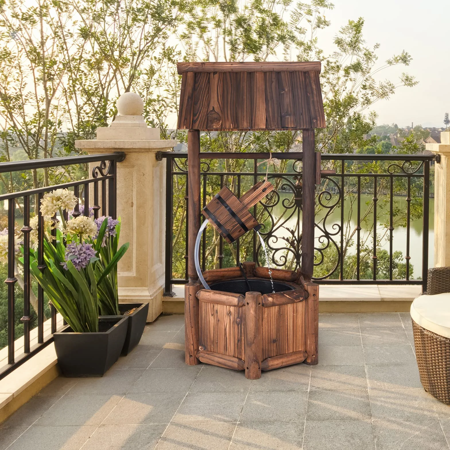 COSTWAY Fuente de Pozo de Deseos de Agua, Rústica de Madera al Aire Libre de Jardín, Decorativa de Patio Con Bomba Eléctrica