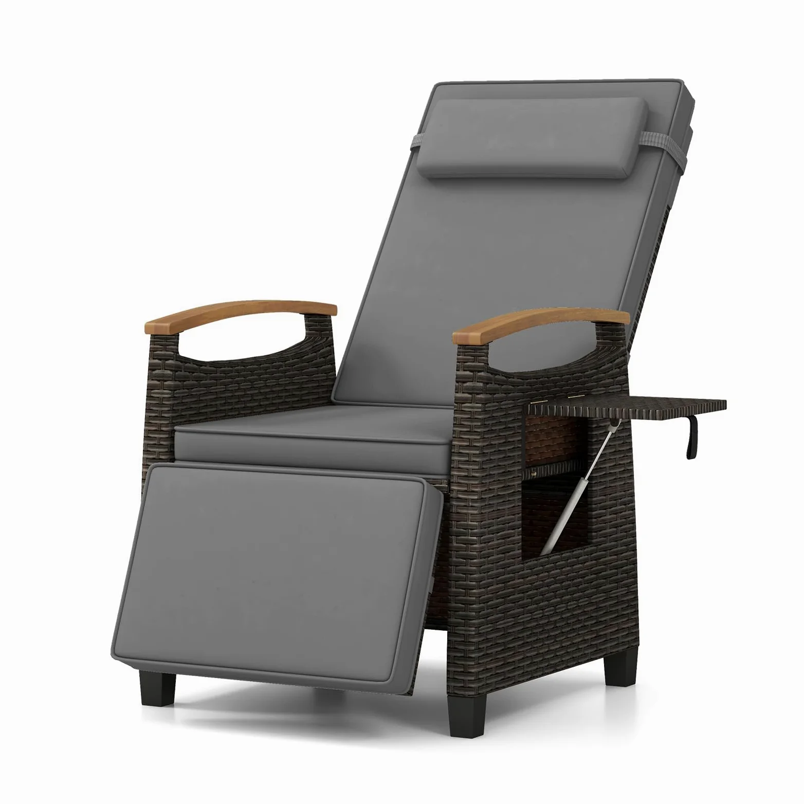 COSTWAY Silla Reclinable Jardin, Tumbona de Ratán con Respaldo y Reposapiés Ajustables, Mesita Abatible, Reposacabezas Extraíble y Reposabrazos de Madera, Sillón Terraza Exterior para Patio (1,Gris)