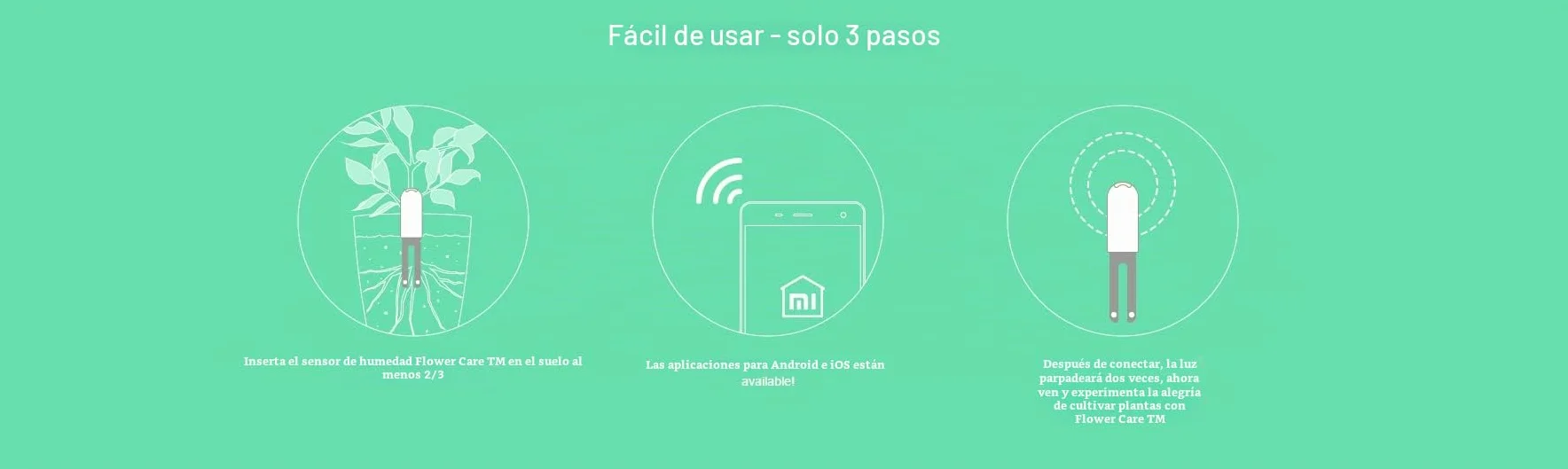 Monitor de plantas inteligente Flower Care, sensores en tiempo real para suelo, humedad, luz y temperatura, app iOS Android