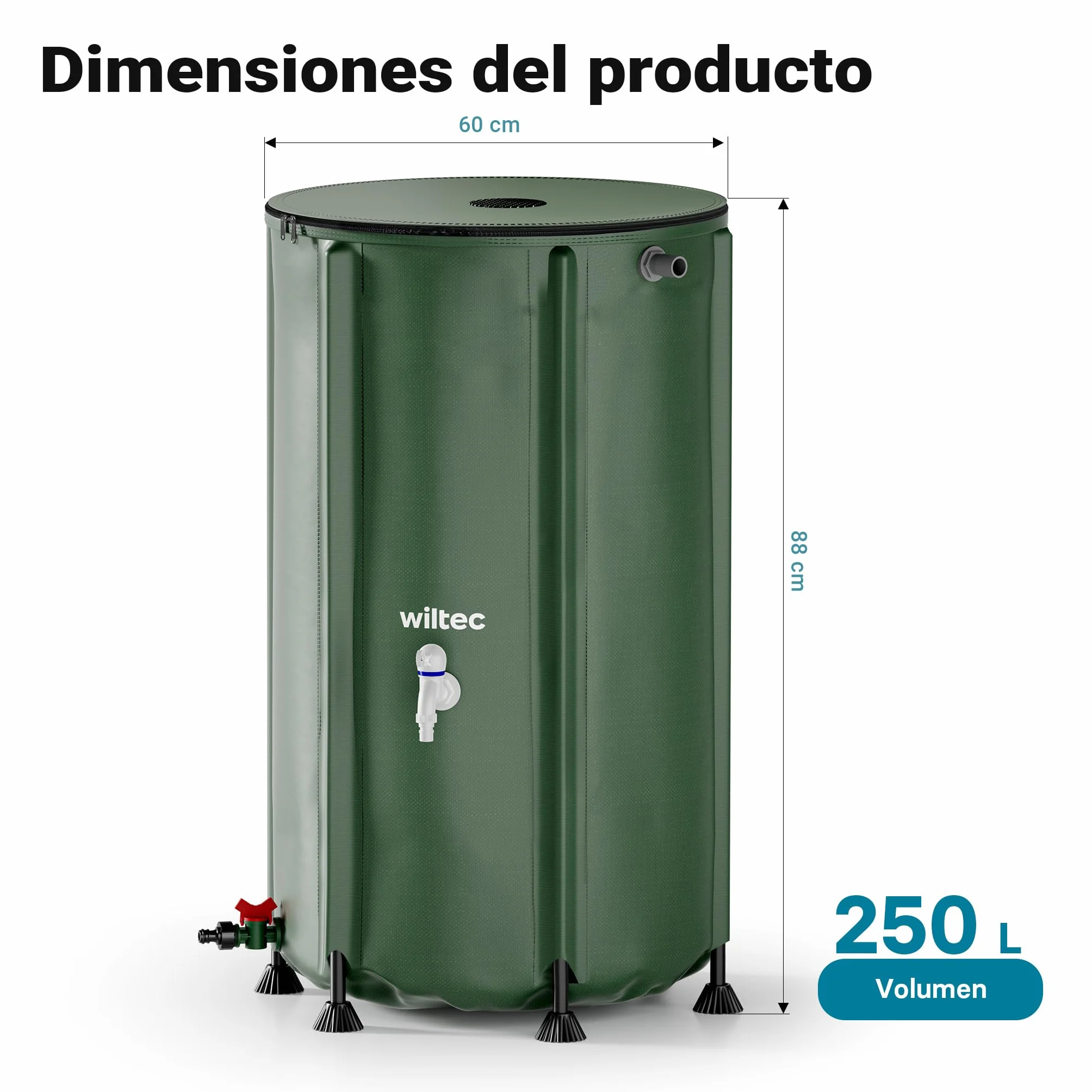 Wiltec Barril de Lluvia Plegable 250 litros PVC Tanque Agua Flexible con Grifo y Tapa