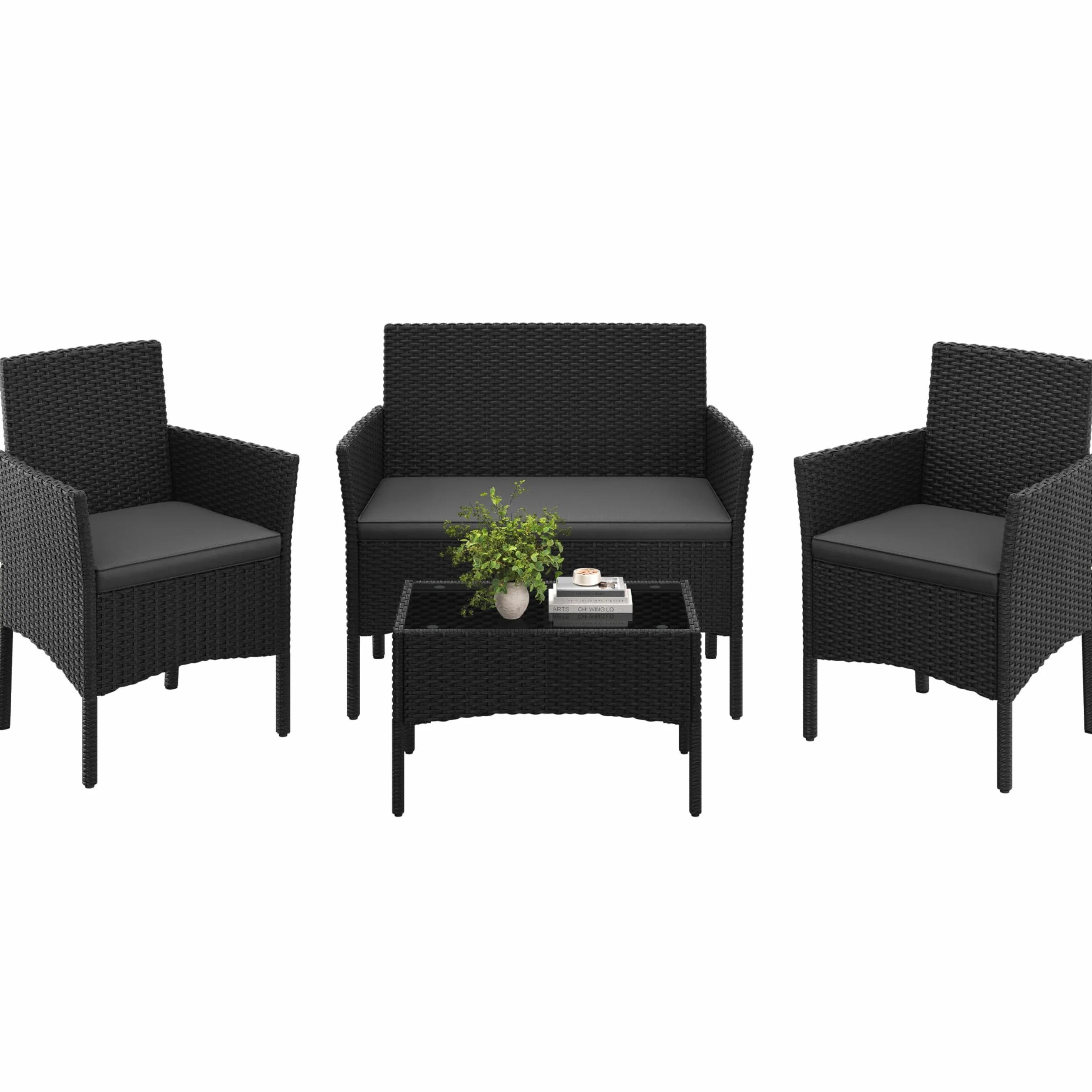 Yaheetech Conjunto Jardín 4 Piezas Muebles Ratán Exterior con Sofá 2 Plazas, Sillones, Cojines y Mesa Vidrio Negro/Gris