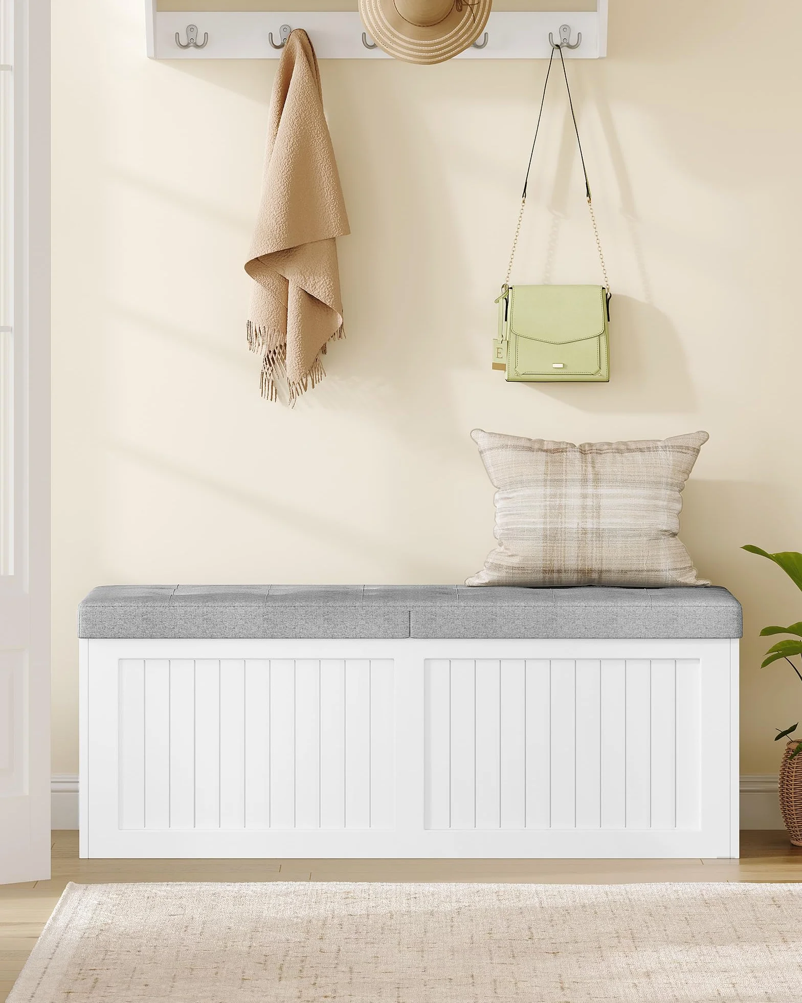Baúl almacenaje Banco con Compartimento, Tapa Abatible Cojín Lino, 40 x 109 x 44,5 cm, Blanco-Gris