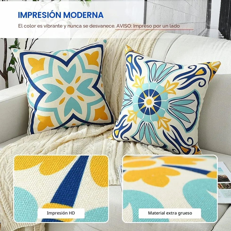 Dremisland 4 Piezas Funda de Cojín Exterior Impermeable Lino Estampado Floral 45x45cm