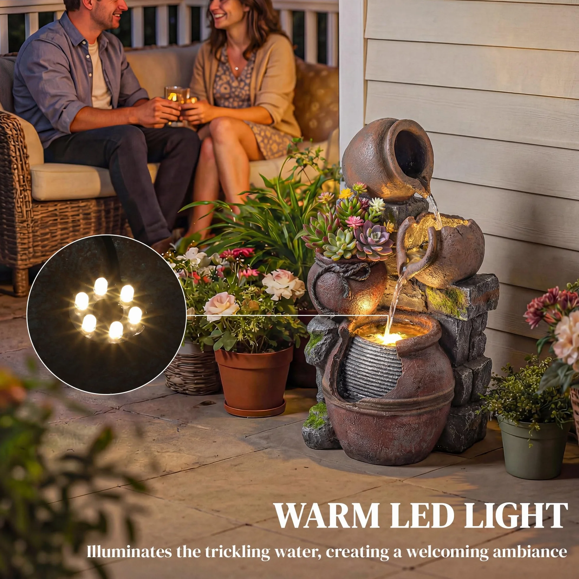 Fuente exterior Outsunny con macetas y jardineras rústicas de 4 niveles, cascada, fuente de jardín con luces LED, caudal ajustable, fuente de jardín para patio, terraza, marrón rústico.