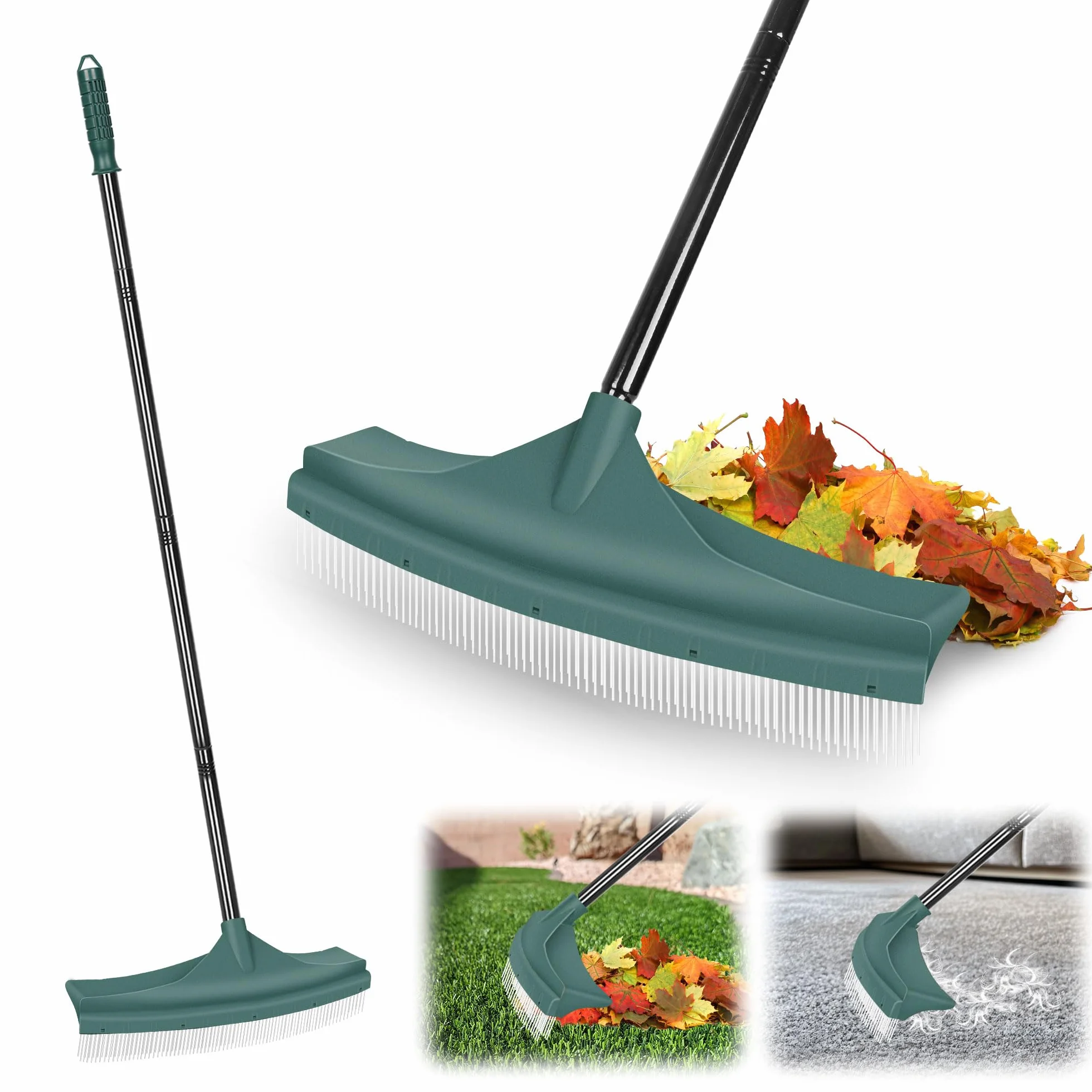 ORIENTOOLS Rastrillo curvo para césped artificial, cepillo de césped con mango de acero ajustable de 80 a 134 cm
