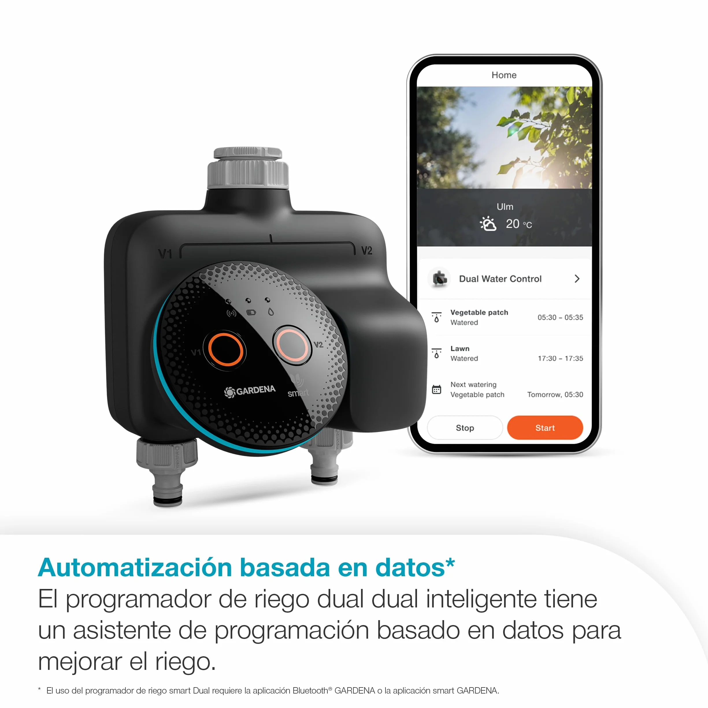 Gardena Programador de riego dual smart 19034-20 para dos espacios de jardín