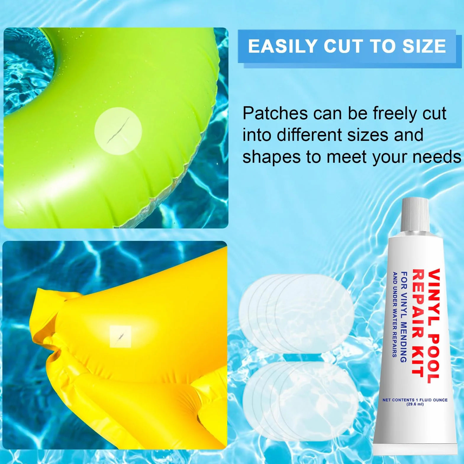 Kit de Reparación de Piscina, Parche Bajo Agua, PVC, Colchon Hinchable, Inflable