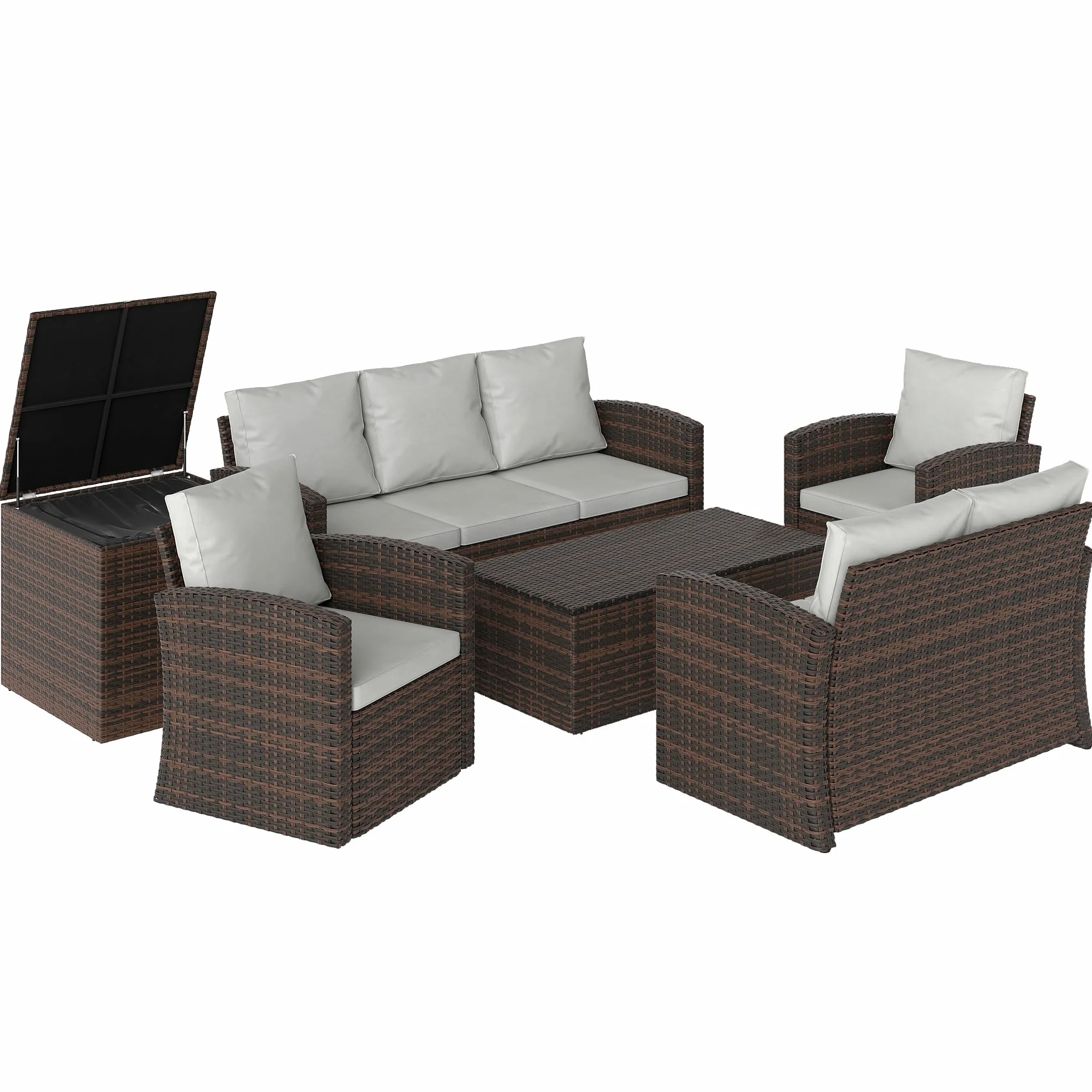 Outsunny Conjunto de Jardín Exterior de Ratán 6 Piezas con Cojines, Sofá Doble, 3 Plazas, 2 Sillones, 2 Mesas, Beige