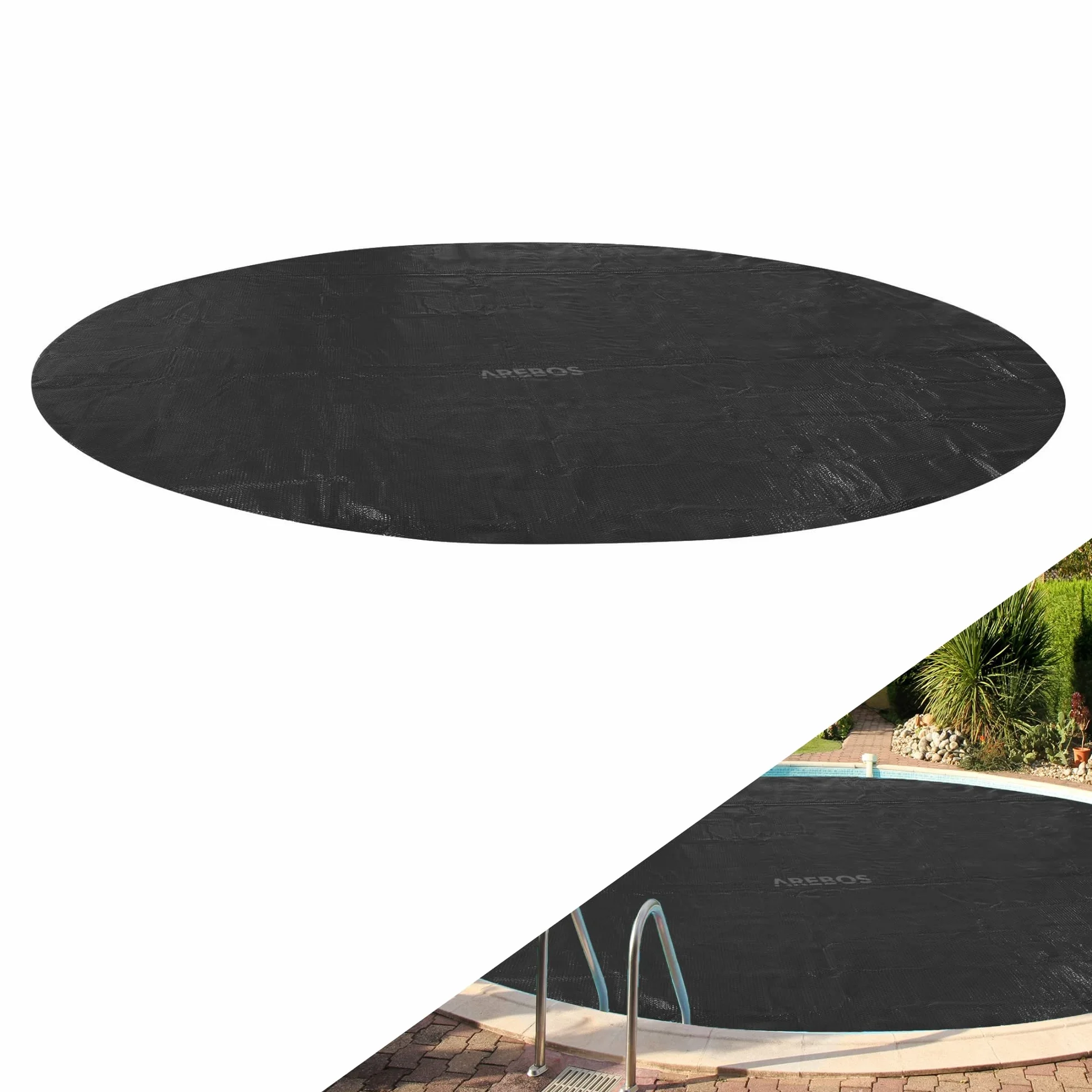 Arebos Cubierta Solar Piscina Ø 4,57 m Negro Lona Redonda 120 µm Protector Térmico Ahorro Energía