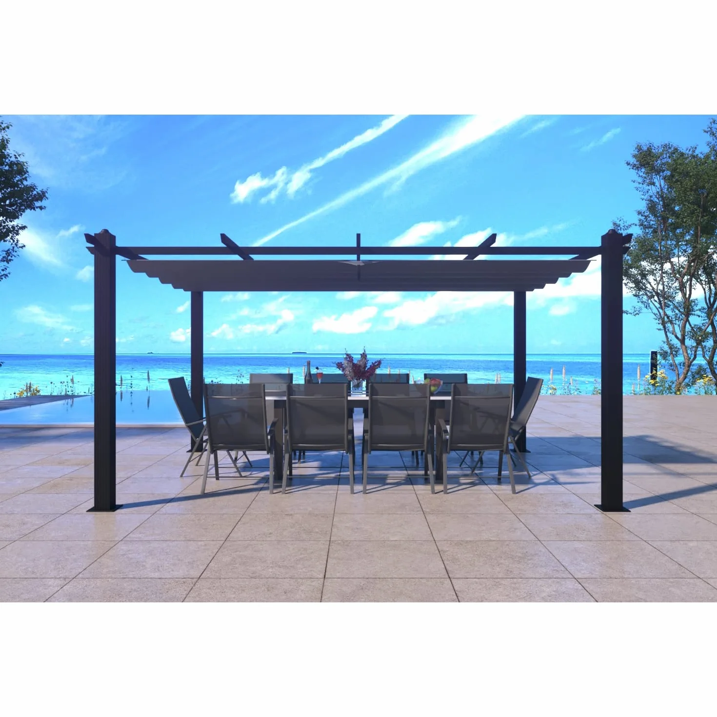 Pérgola Autoportante 4x3 m 12m² Aluminio Poliéster Nila Gris Retráctil Cenador Jardín Terraza Exterior