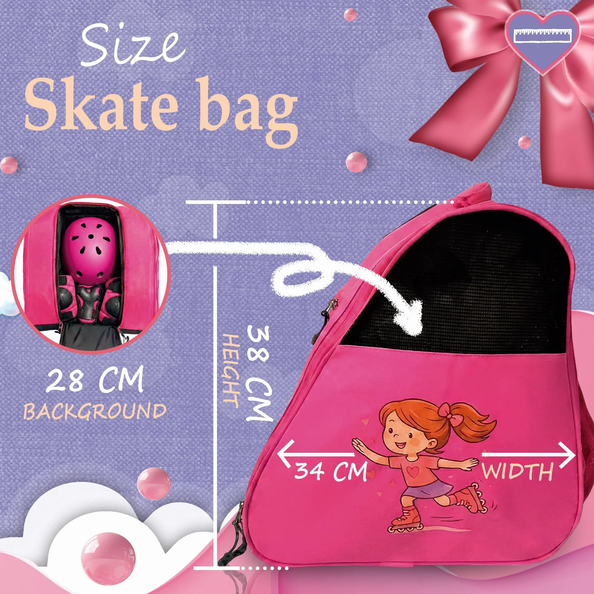 Bolsa para Patines para Niños Rosa Correa Ajustable Acolchada Mochila Patines Capacidad Accesorios Material Resistente Ligero