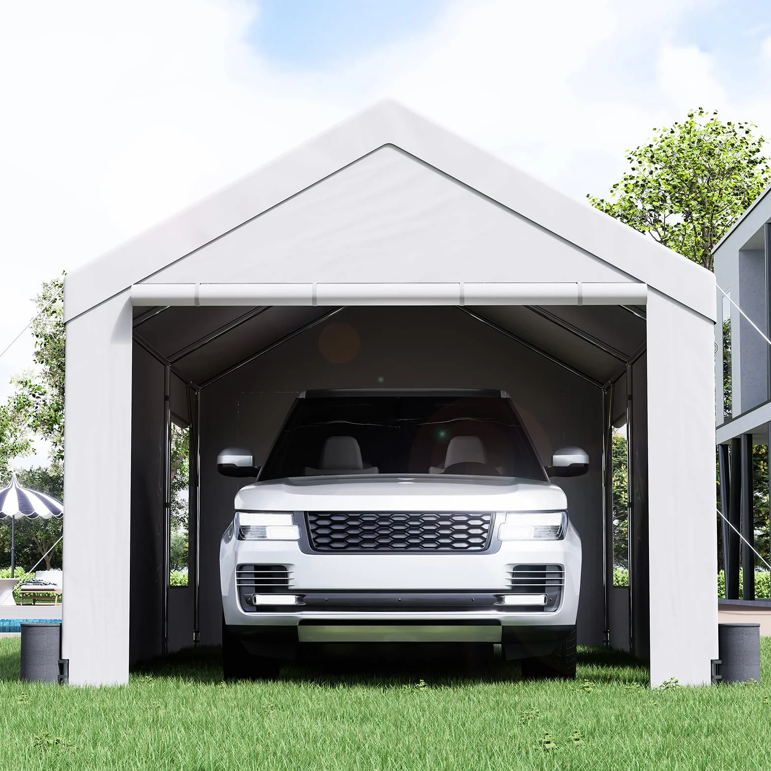 VEVOR Toldo para Cochera 3,7x6 m Carpa para Garaje con Paredes Laterales Desmontables Ventanas Puertas Enrollables Lona Impermeable Blanco