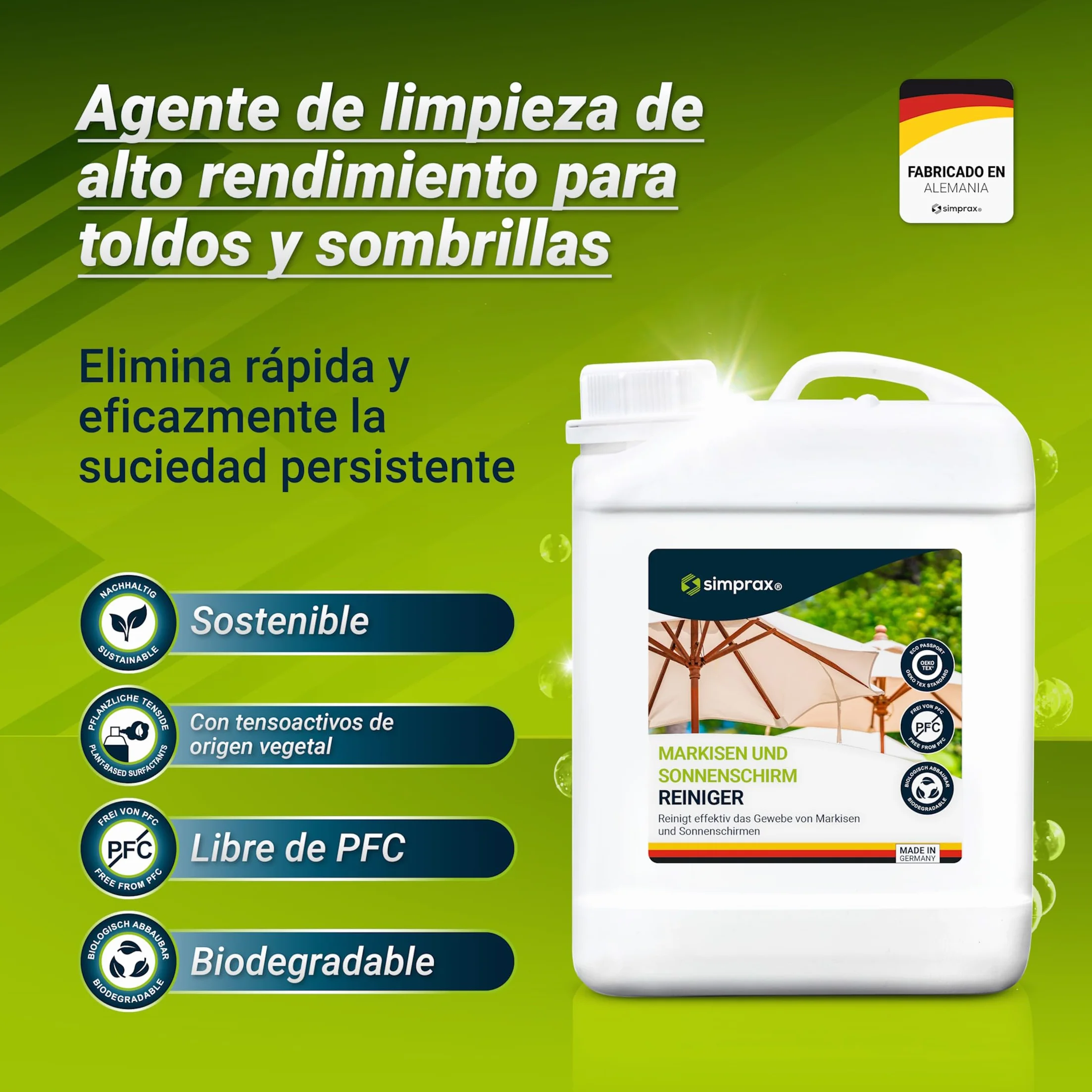 Limpiador para Toldos 2,5 L – Sin PFC Biodegradable – Elimina Moho Manchas Verdes – Detergente Eficaz para Tejidos Exterior