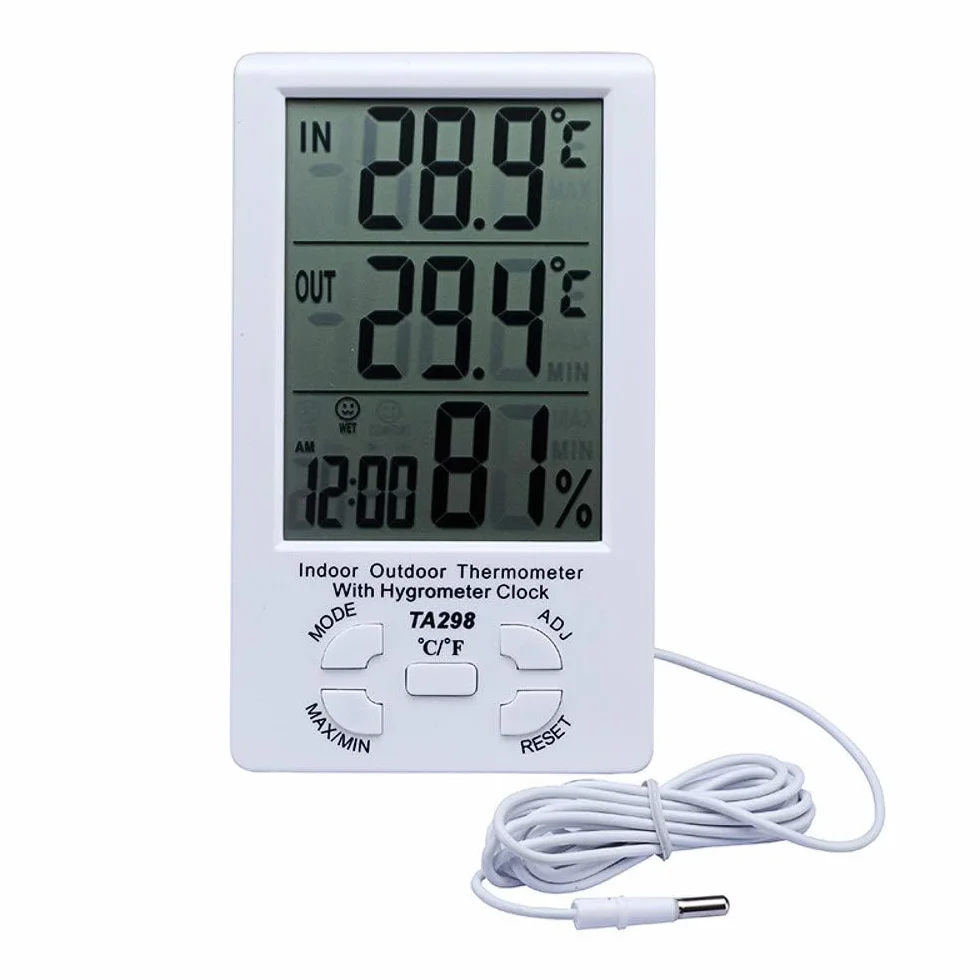 Termómetro Higrómetro LCD Digital con Sensor de Cable 1.5 m Interior Exterior Medidor de Humedad Temperatura Blanco