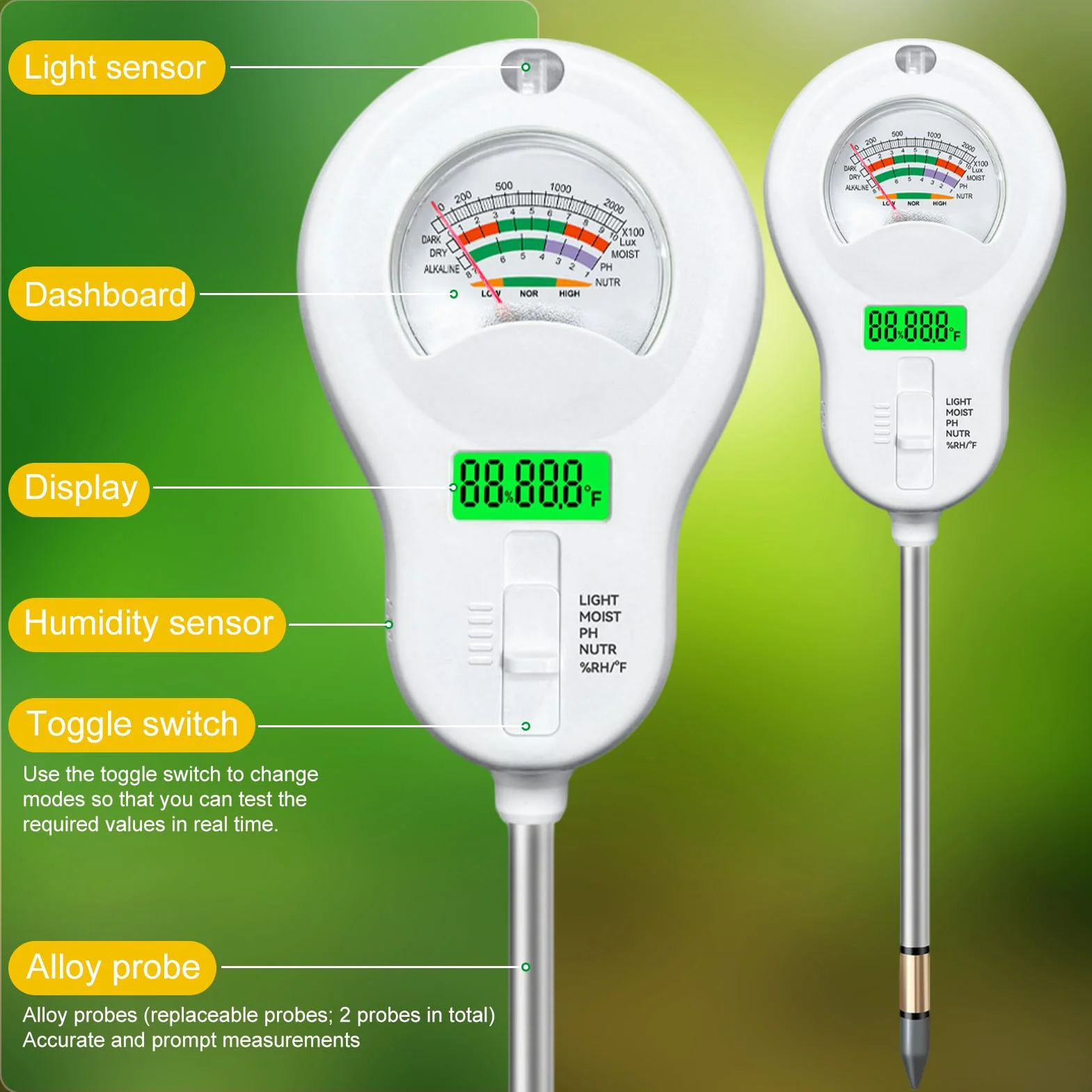 Shinybox Medidor de Suelo 6 en 1, Medidor de Humedad de Plantas con 2 Sondas Extraíbles, Fertilidad, pH, Temperatura, Sol, Humedad Ambiental para Jardín