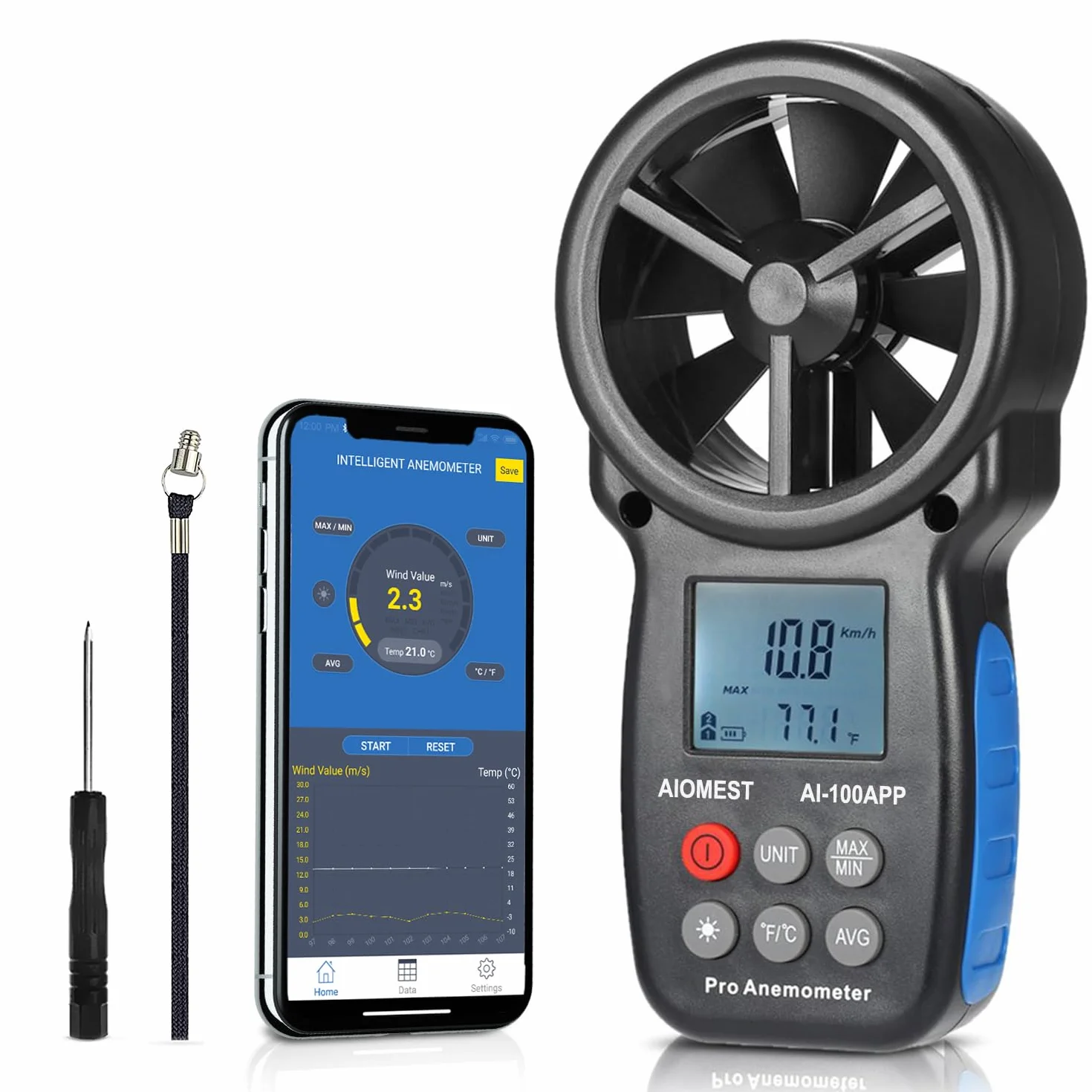 Anemometro Portatil Bluetooth AI-100APP Medidor de Viento AIOMEST 30m/s Flujo de Aire Temperatura Viento HVAC Drones Riego