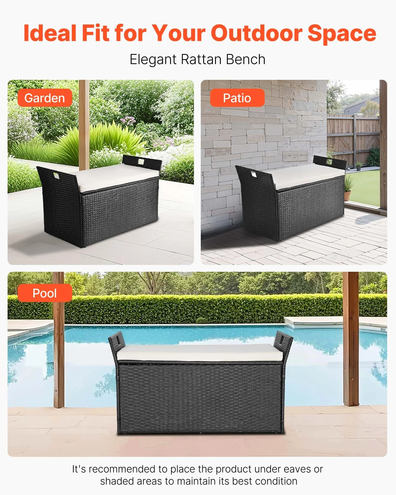 VEVOR Baúl de Almacenamiento de Ratán Sintético 125x55x70 cm con Cojín para Exterior, Jardín