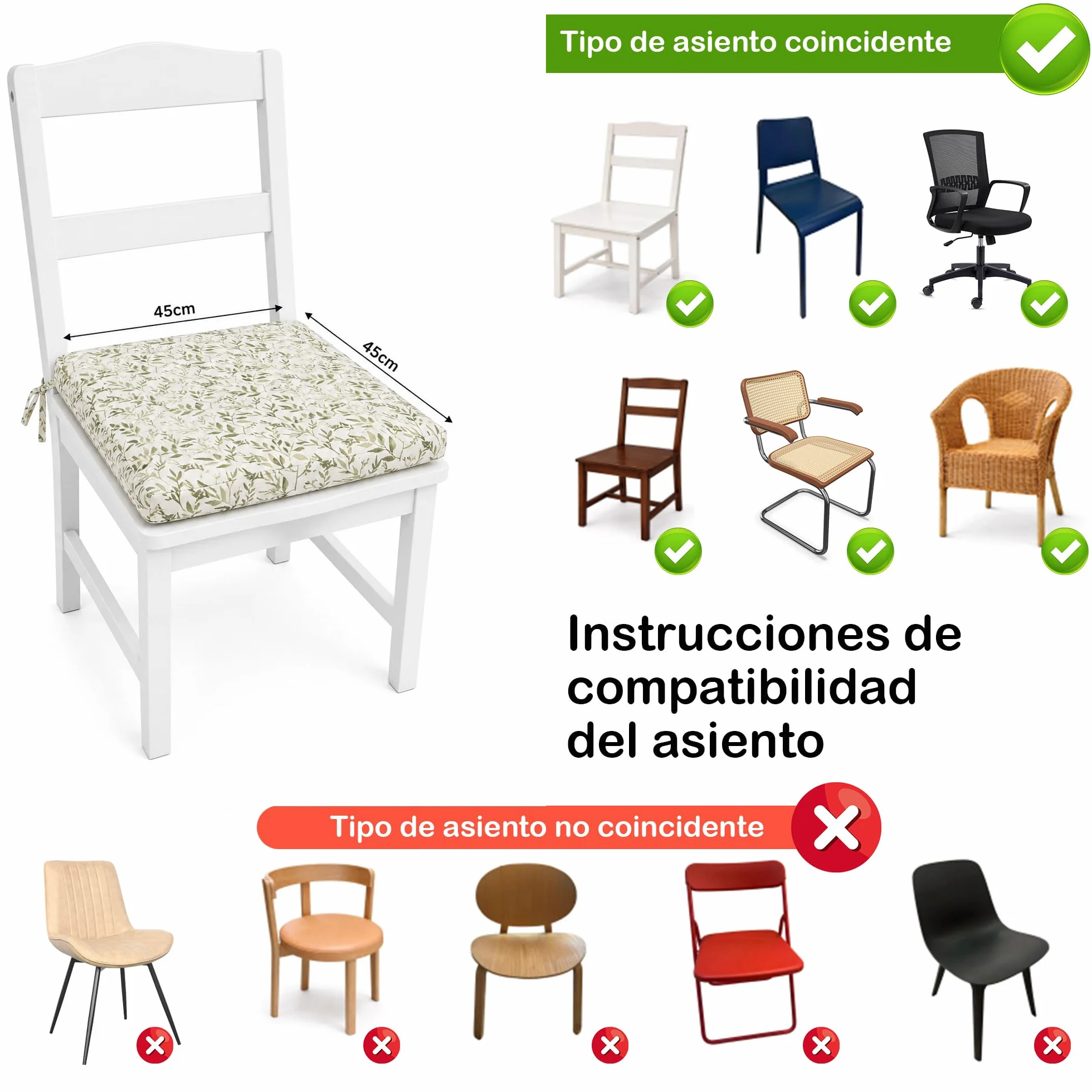 Pack 4 Cojín Silla Exterior 45x45cm, Tela Alta Densidad, Impermeable, Resistente UV, Verde Hoja Fina