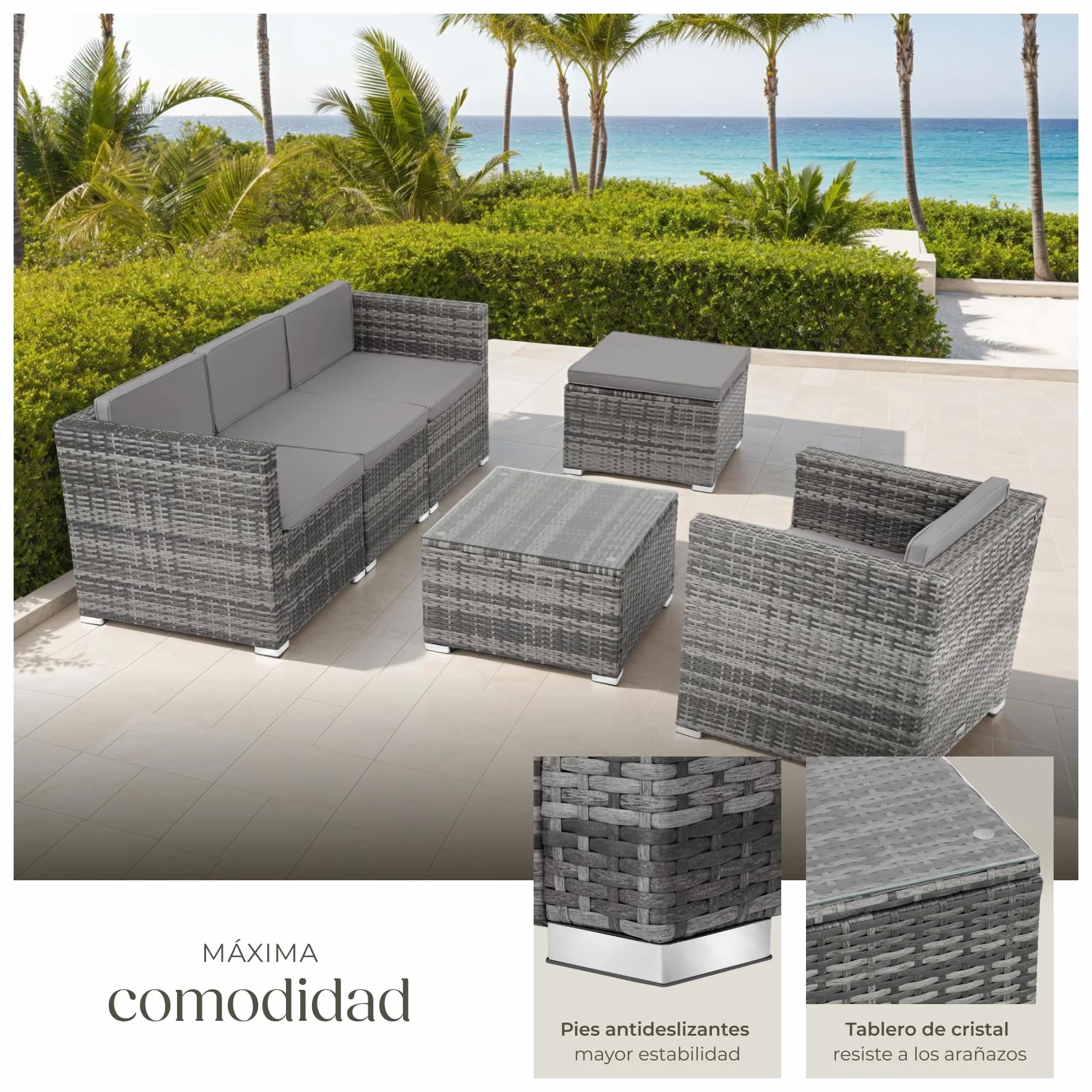 TecTake Conjunto Jardín Ratán Acero 6 Plazas Mesa Cristal Fundas Extraíbles