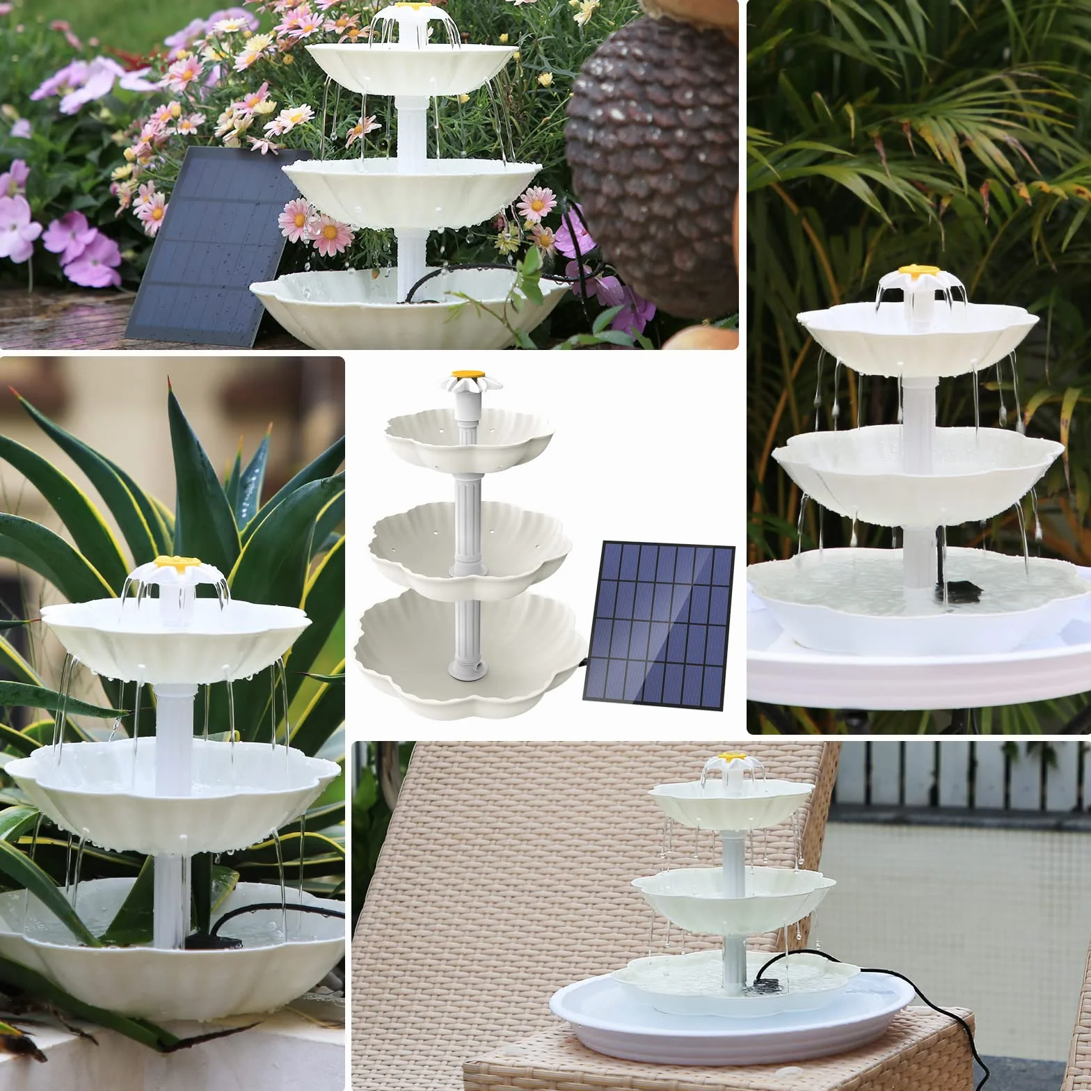 AISITIN Fuente decorativa de bricolaje, juego de bebedero para pájaros con fuente solar de 3,5 W, comedero para pájaros de 3 niveles, para exteriores, baño de pájaros y fuente solar DIY, extraíble y