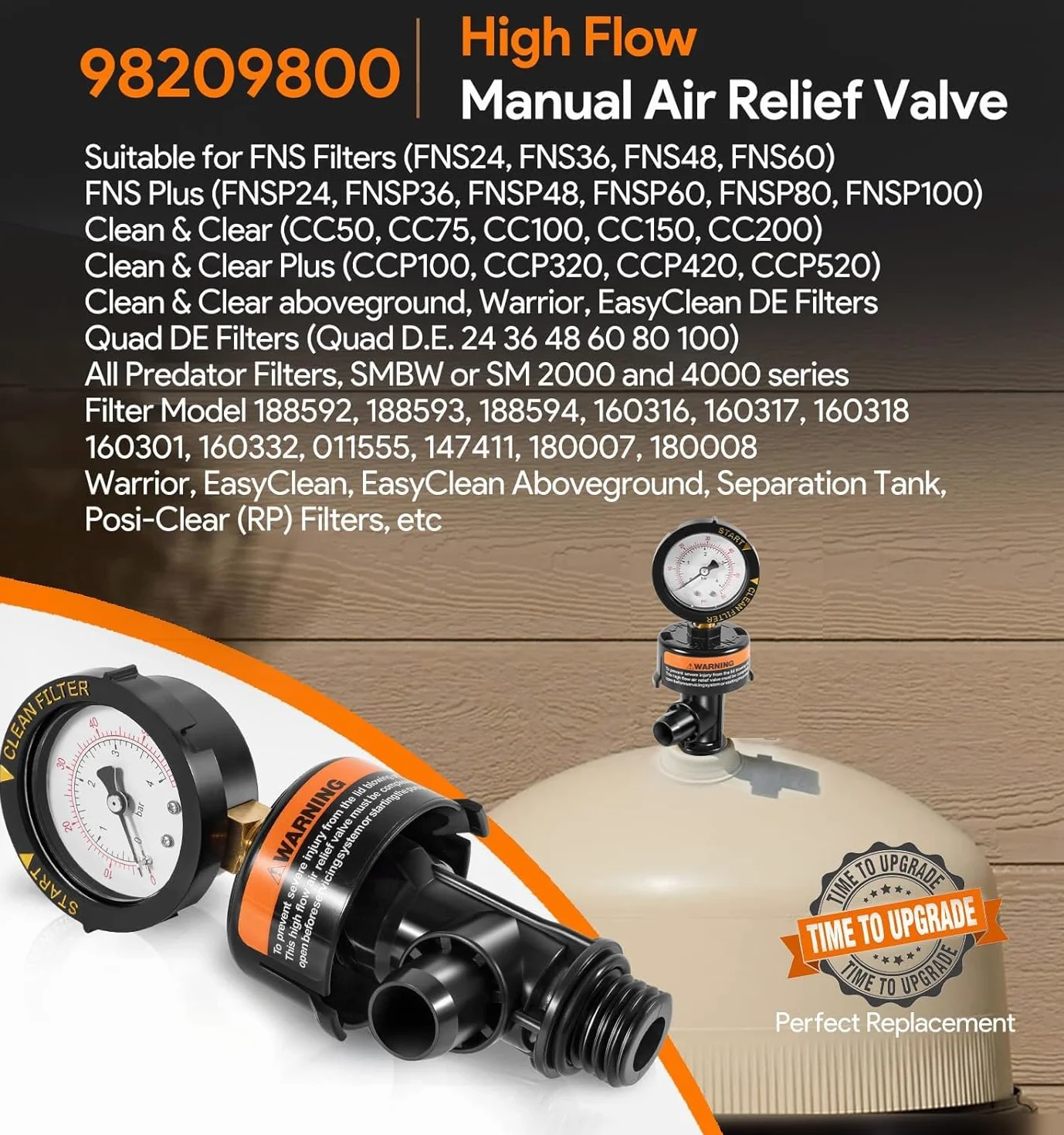 Válvula de purga de aire con manómetro para filtro de piscina compatible con 98209800 y 190058 Clean & Clear Warrior FNS Predator
