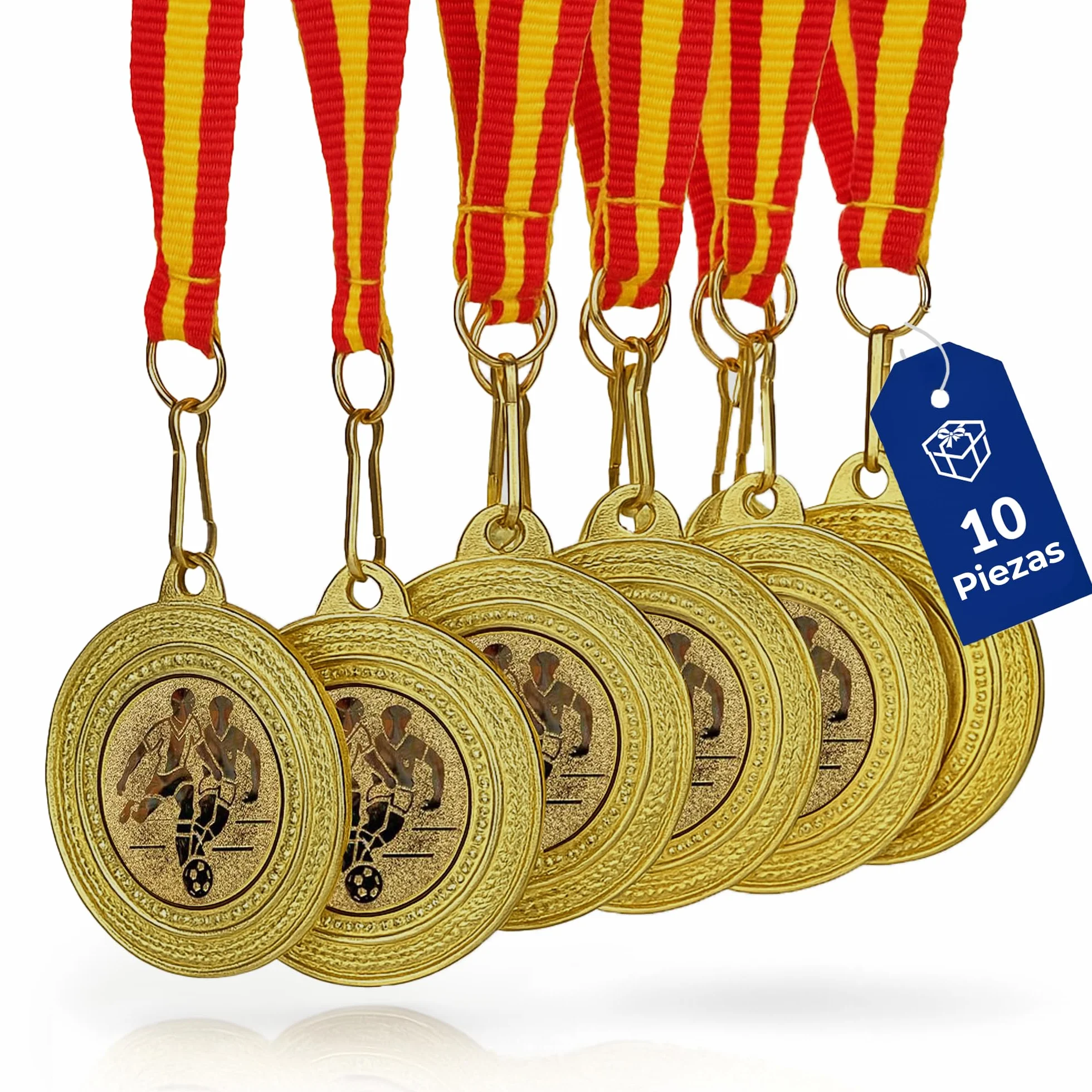 Pokal-Fabrik Juego de 10 Medallas de Fútbol Metal Dorado con Cinta Azul, Blanca y Roja