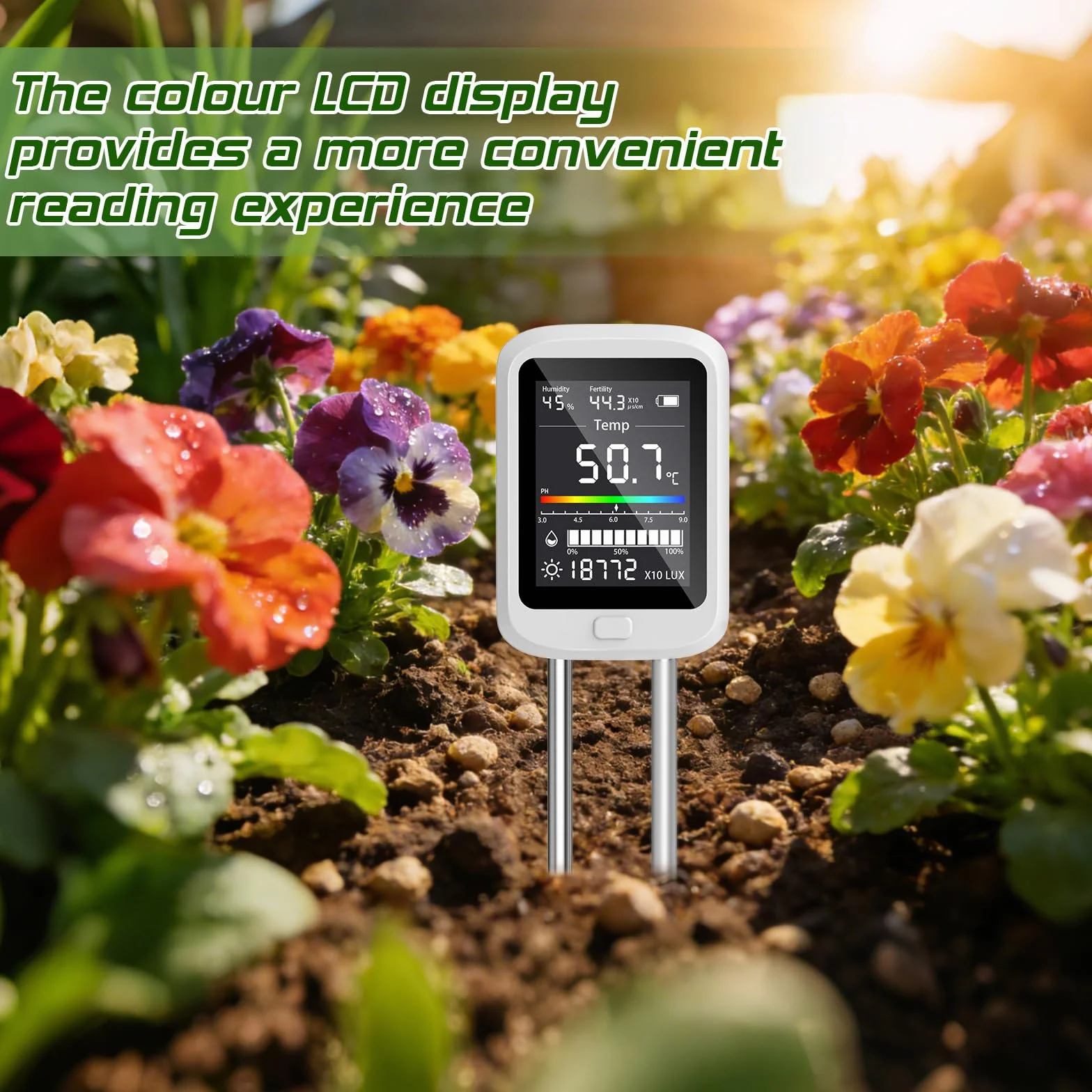Medidor Digital de Suelo 6 en 1, Pruebas de pH e Intensidad Luminosa para Plantas