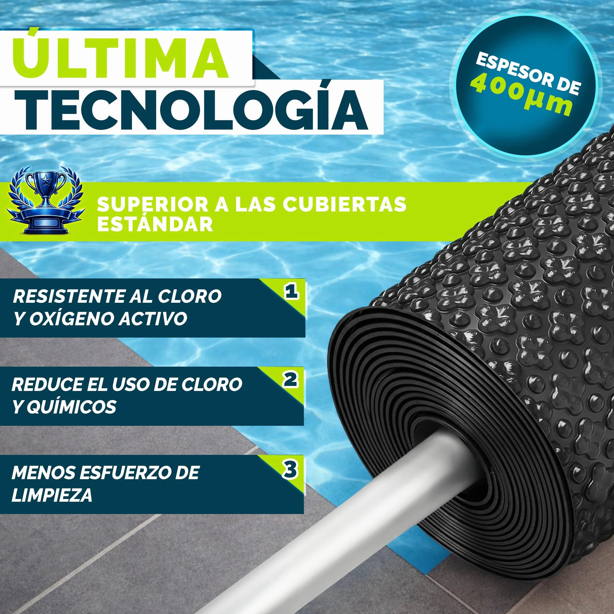 tillvex® Elite Lona Solar para Piscina 400 µm Rectangular 732 x 366 cm Cubierta Térmica Recortable ProHeat QB4