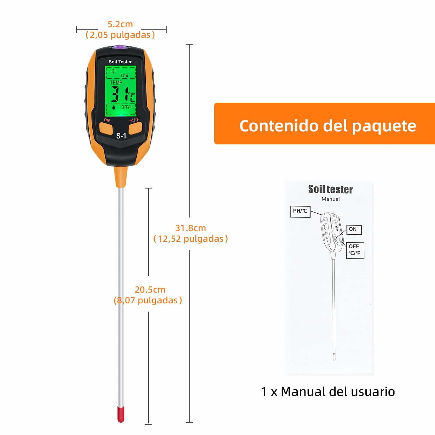 Mcbazel Medidor de Suelo 4 en 1, Probador de pH Humedad Temperatura Luz con Pantalla LCD